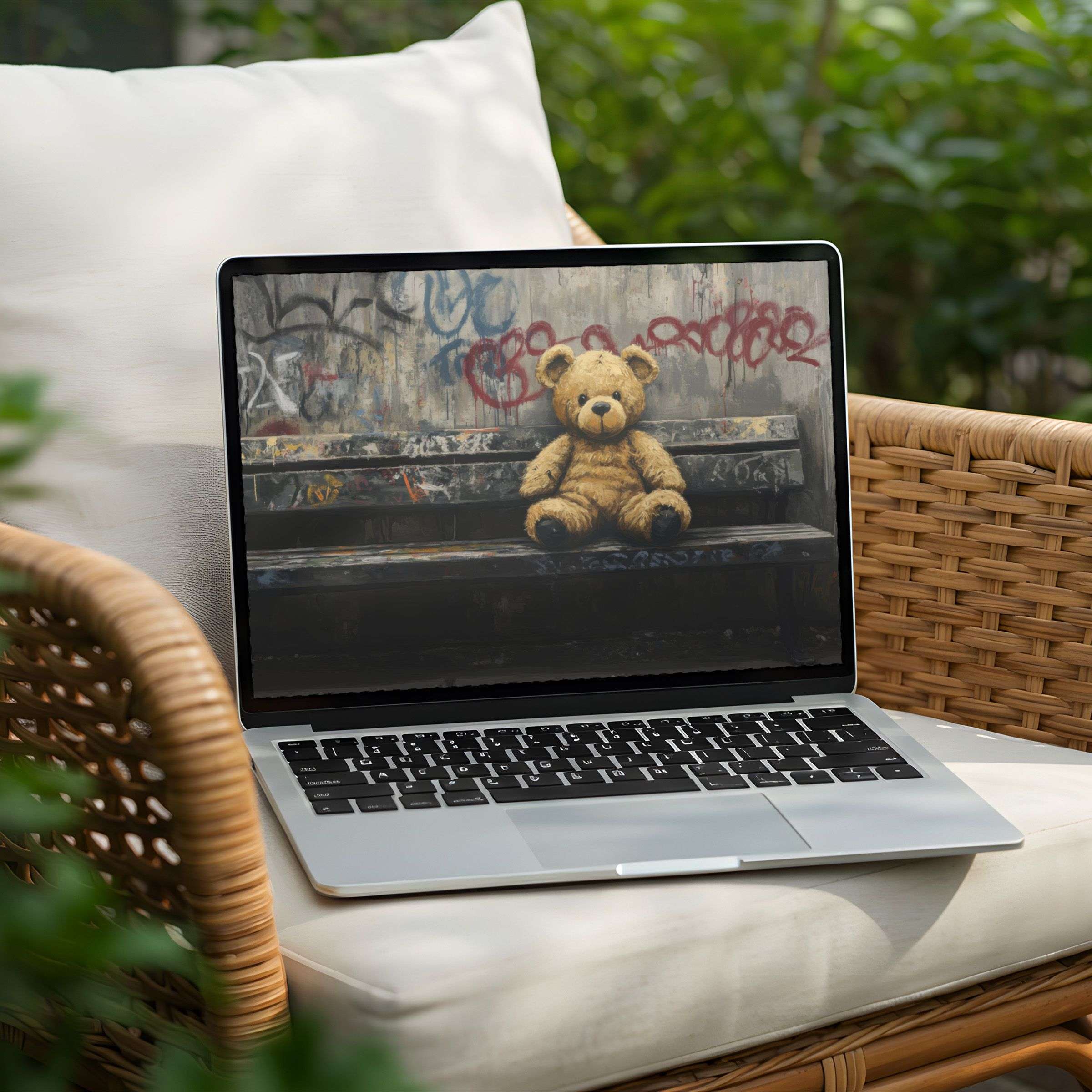 Cozy teddy in urban art on a PC desktop background offers an instant download for mindfulness on your laptop screen