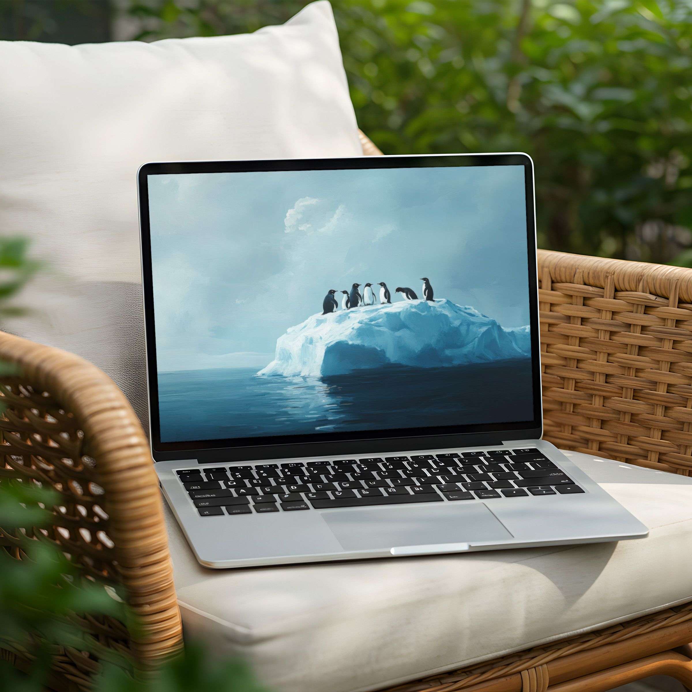 Elegant penguins on icy ocean backdrop for desktop background on PC or laptop Instant download inspires calm mindfulness