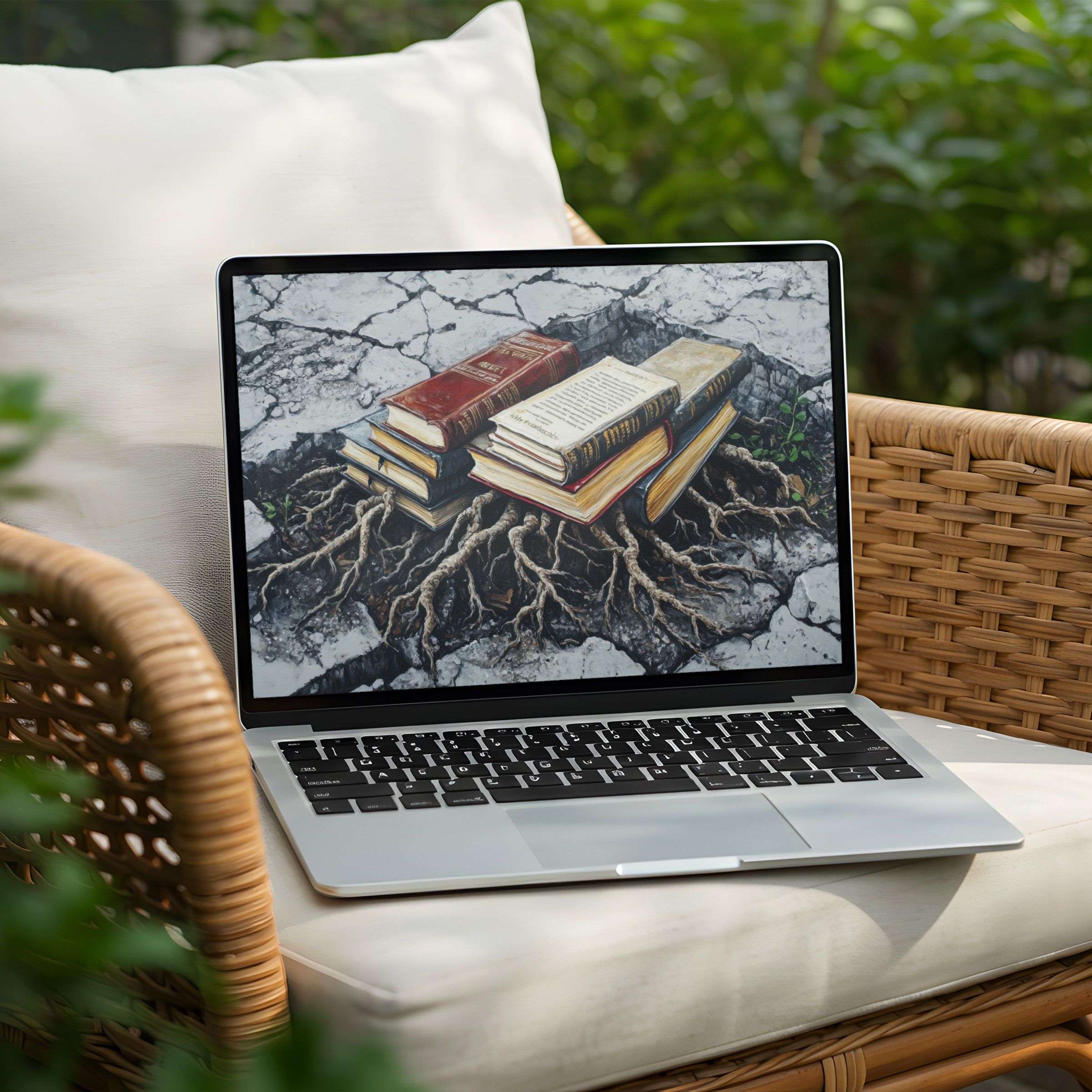 Elegant digital artwork of books and roots as a desktop background for instant download on your PC or Laptop inspiring calm and creativity