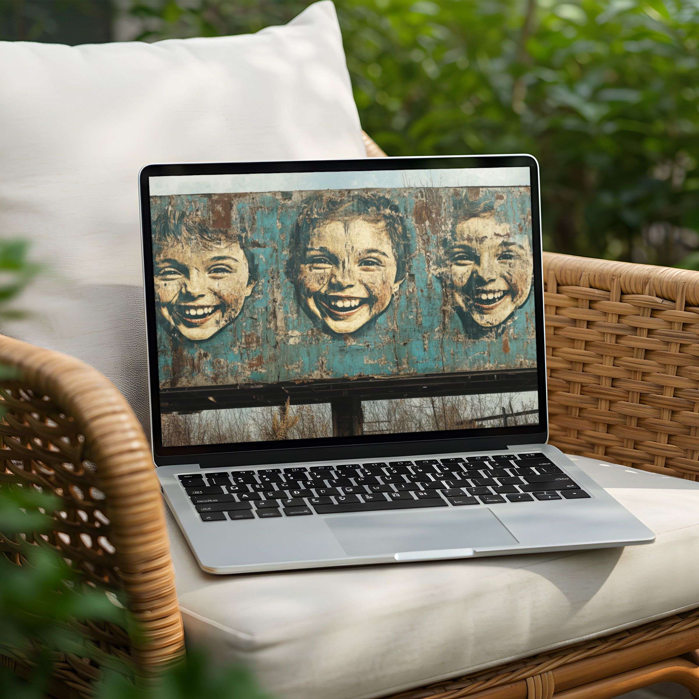 Vintage mural of smiling faces displayed on a PC enhances tranquility for an elegant desktop background instant download on Laptop