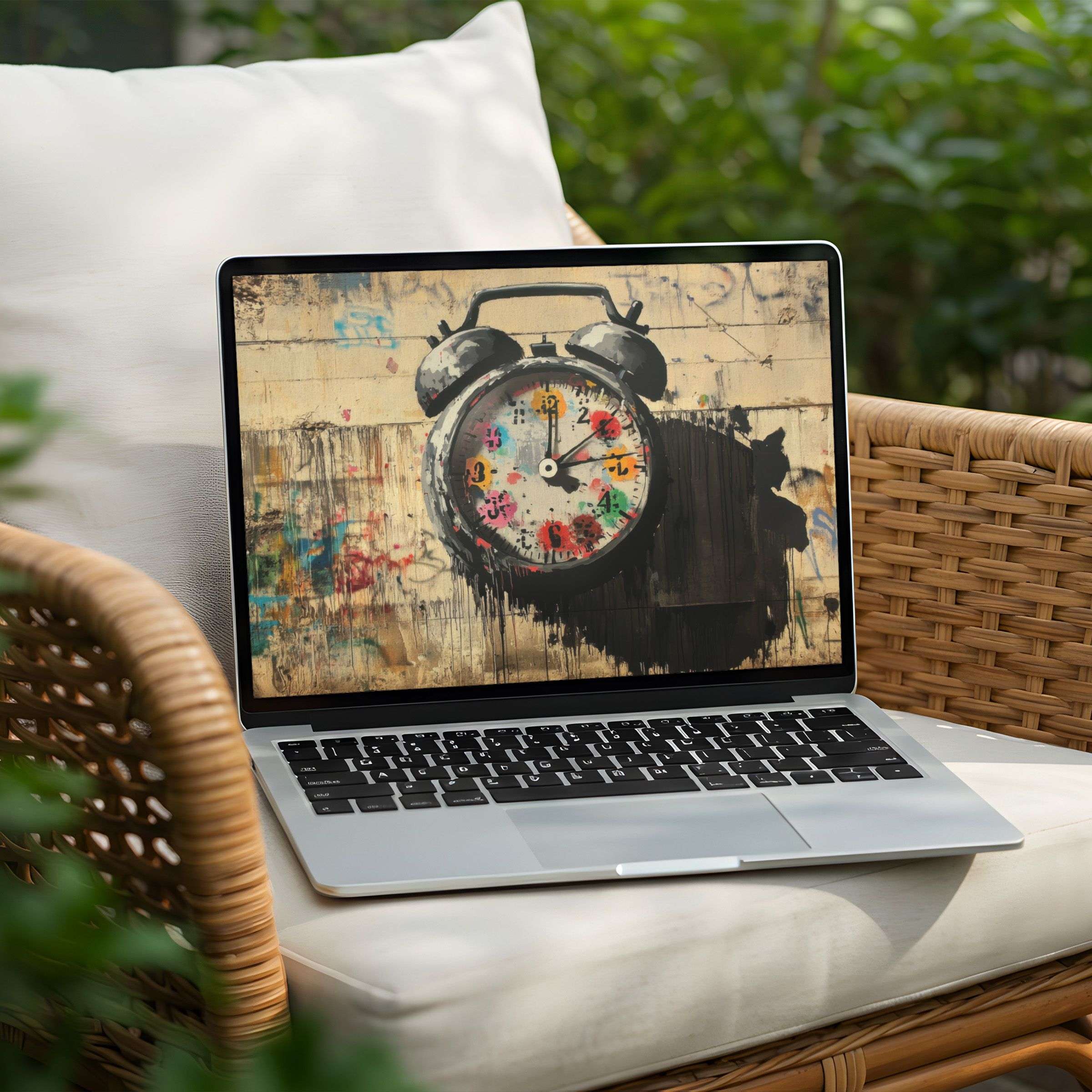 Instant download desktop background for PC or Laptop featuring a graffiti-style clock art inspires calm, creativity, mindfulness