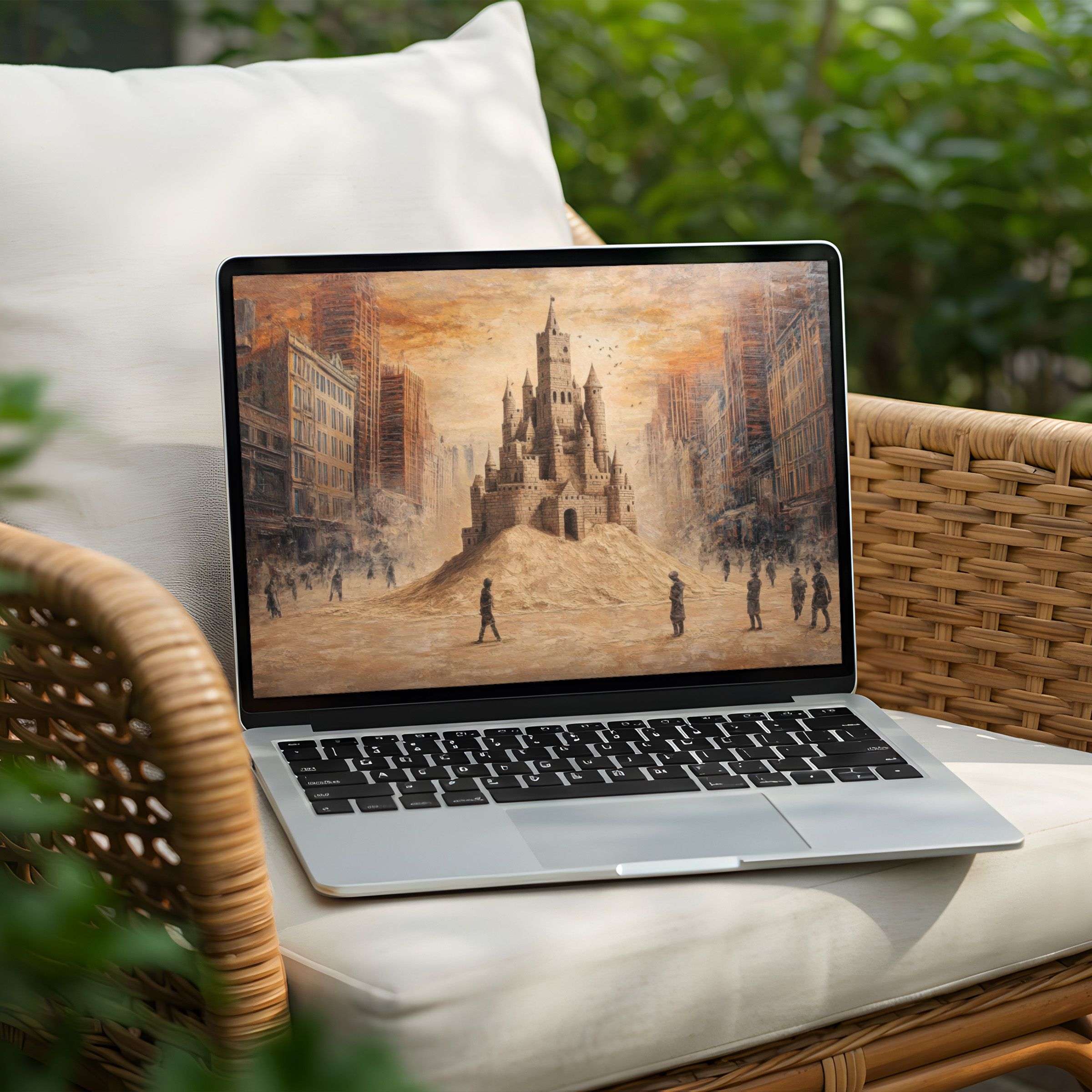 Elegant sandcastle art desktop background for PC or Laptop, instant download for a calm, mindful, and inspiring workspace