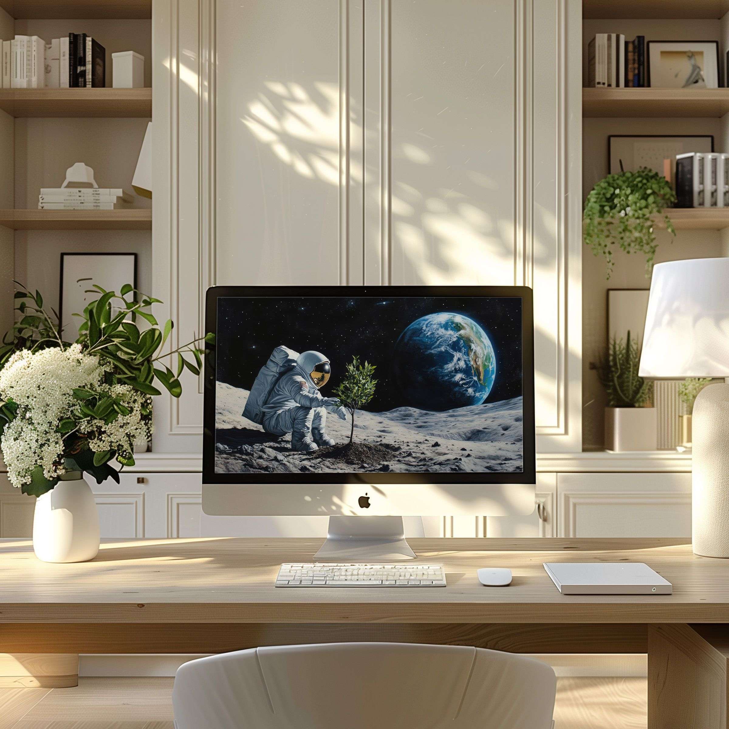 Elegant astronaut digital art wallpaper for computer in a modern home office inspires calm and fits PC or laptop effortlessly
