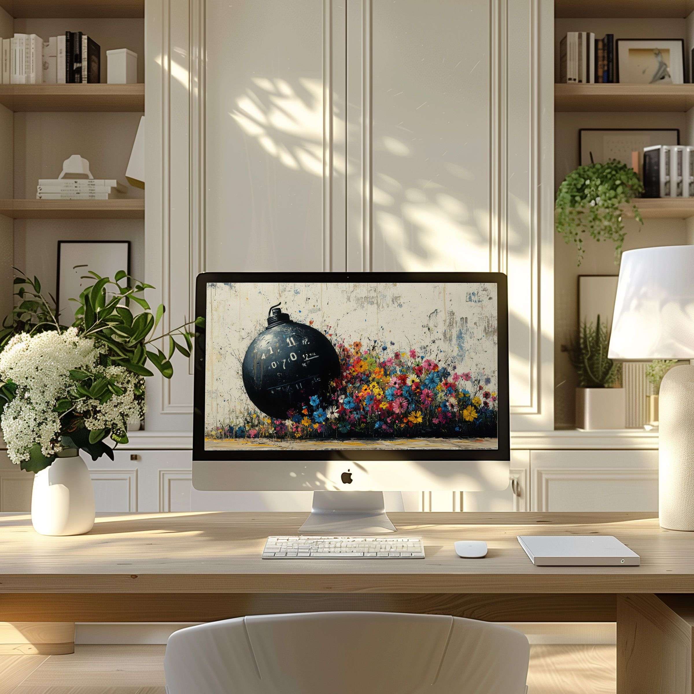 Elegant digital art wallpaper for computer with vibrant colors, perfect for PC or laptop, inspires calm in a modern home office setting