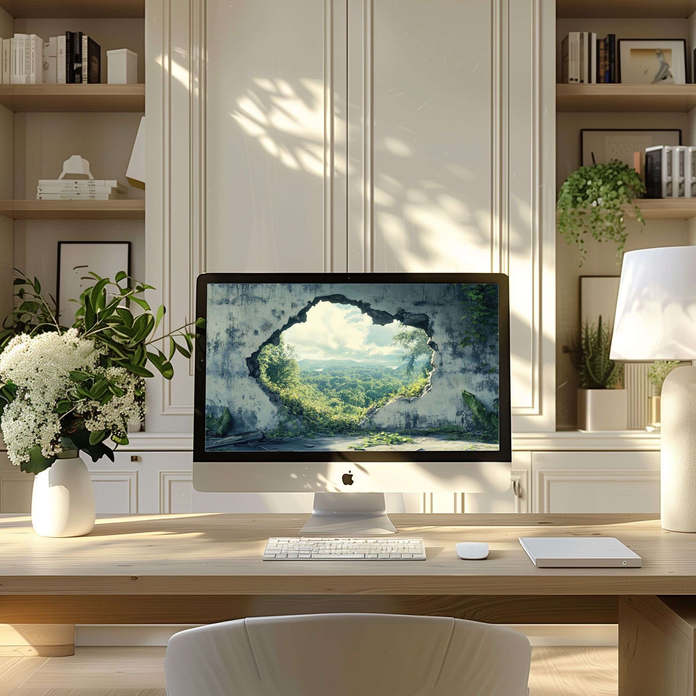 Elegant landscape as wallpaper for computer inspires calm; perfect for PC and Laptop in a modern, serene home office setting