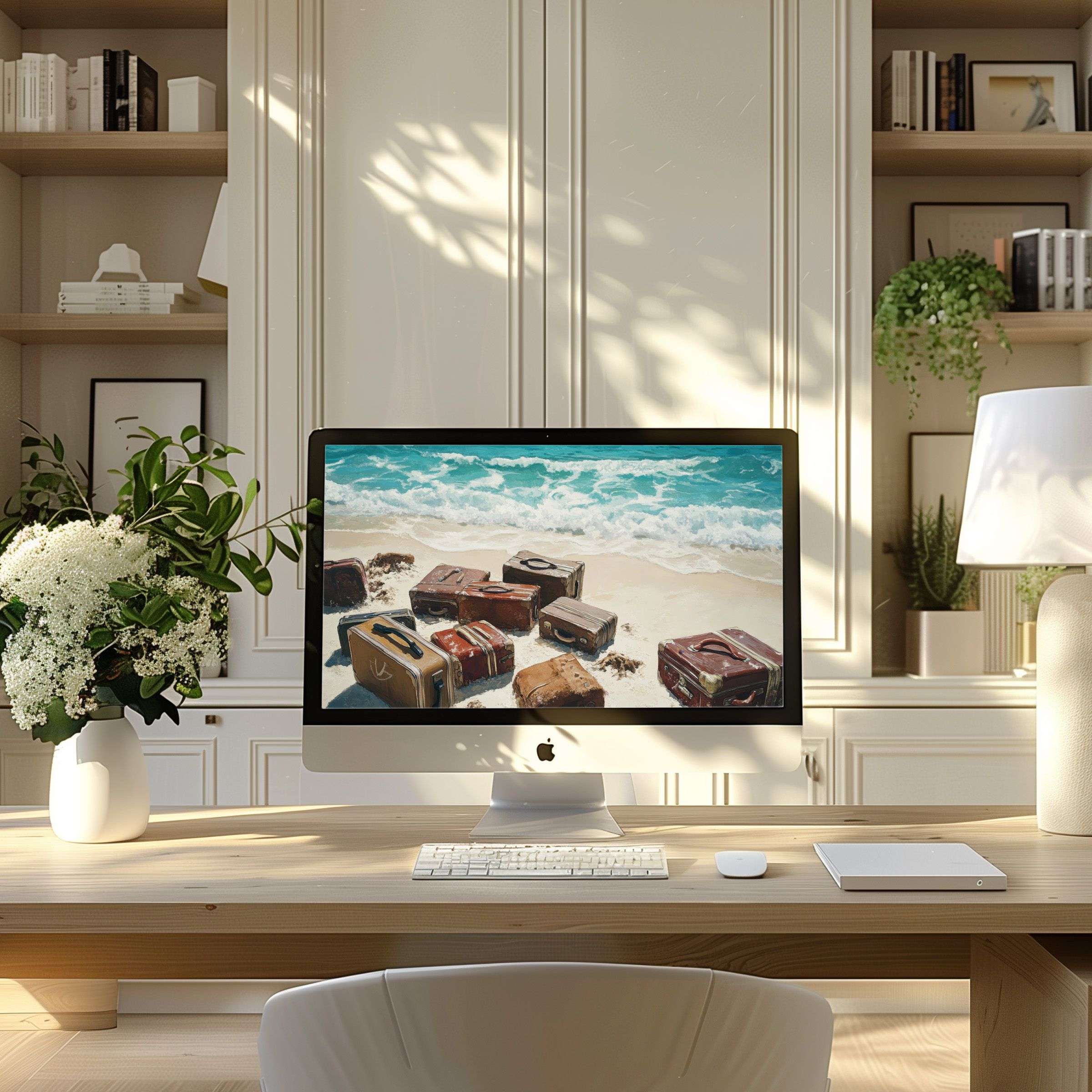 Elegant wallpaper for computer featuring serene beach motif enhances modern home office ambiance, perfect for PC, laptop, ultrawide screens