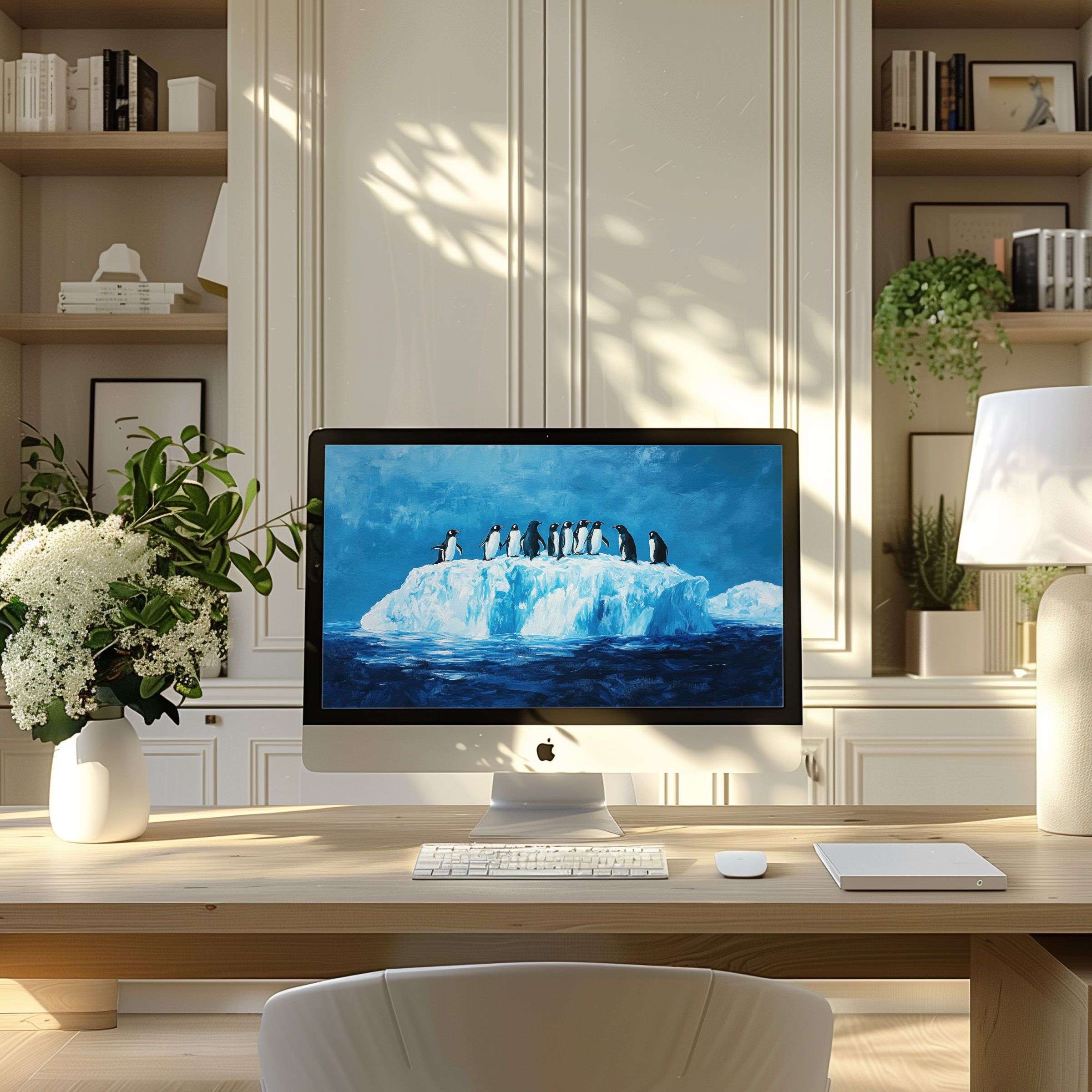 Elegant digital art of penguins on ice evokes calm and inspiration, perfect wallpaper for computer, PC, laptop, ultrawide screens