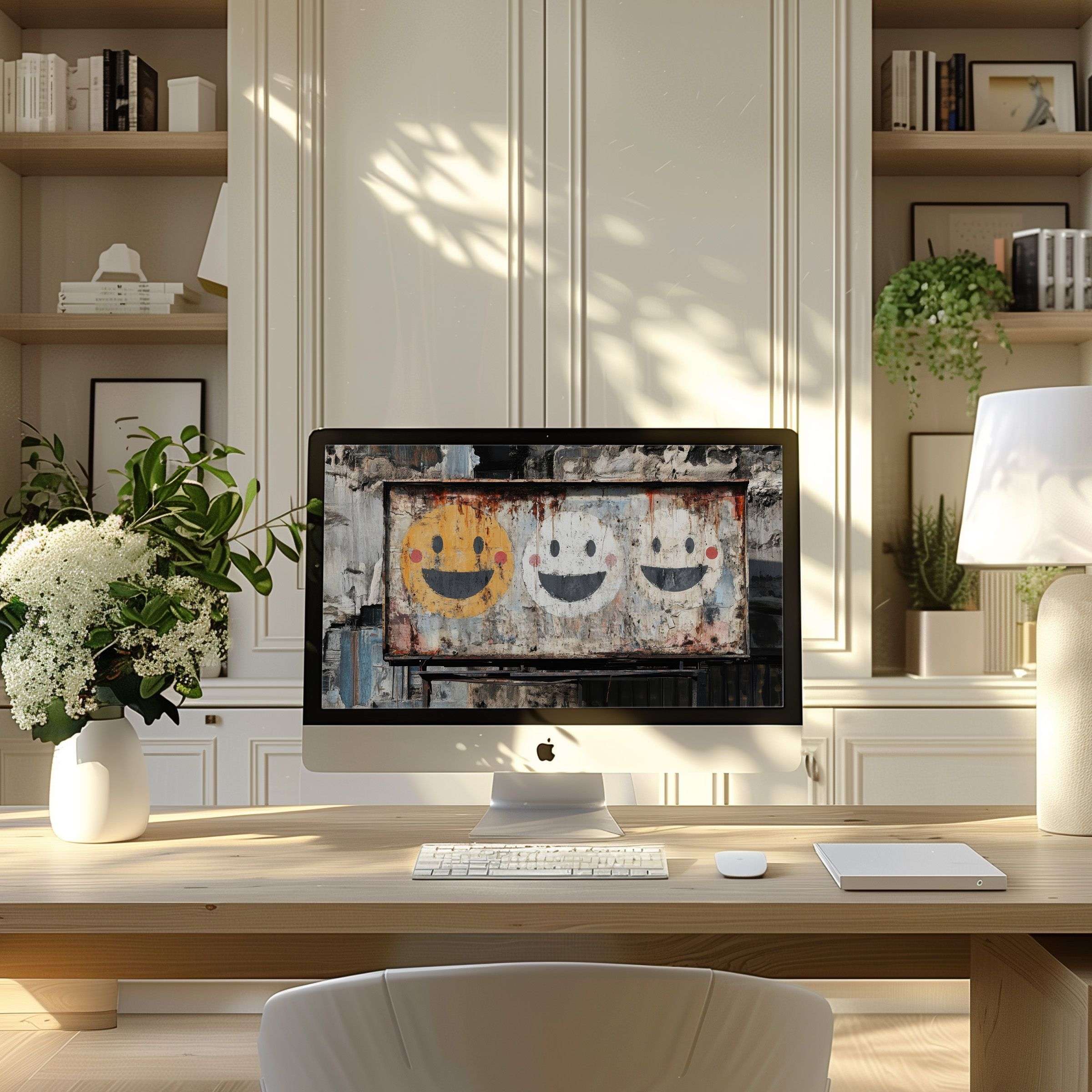 Trendy abstract smiley artwork as wallpaper for computer inspires calm in a modern home office setting for PC and laptop displays