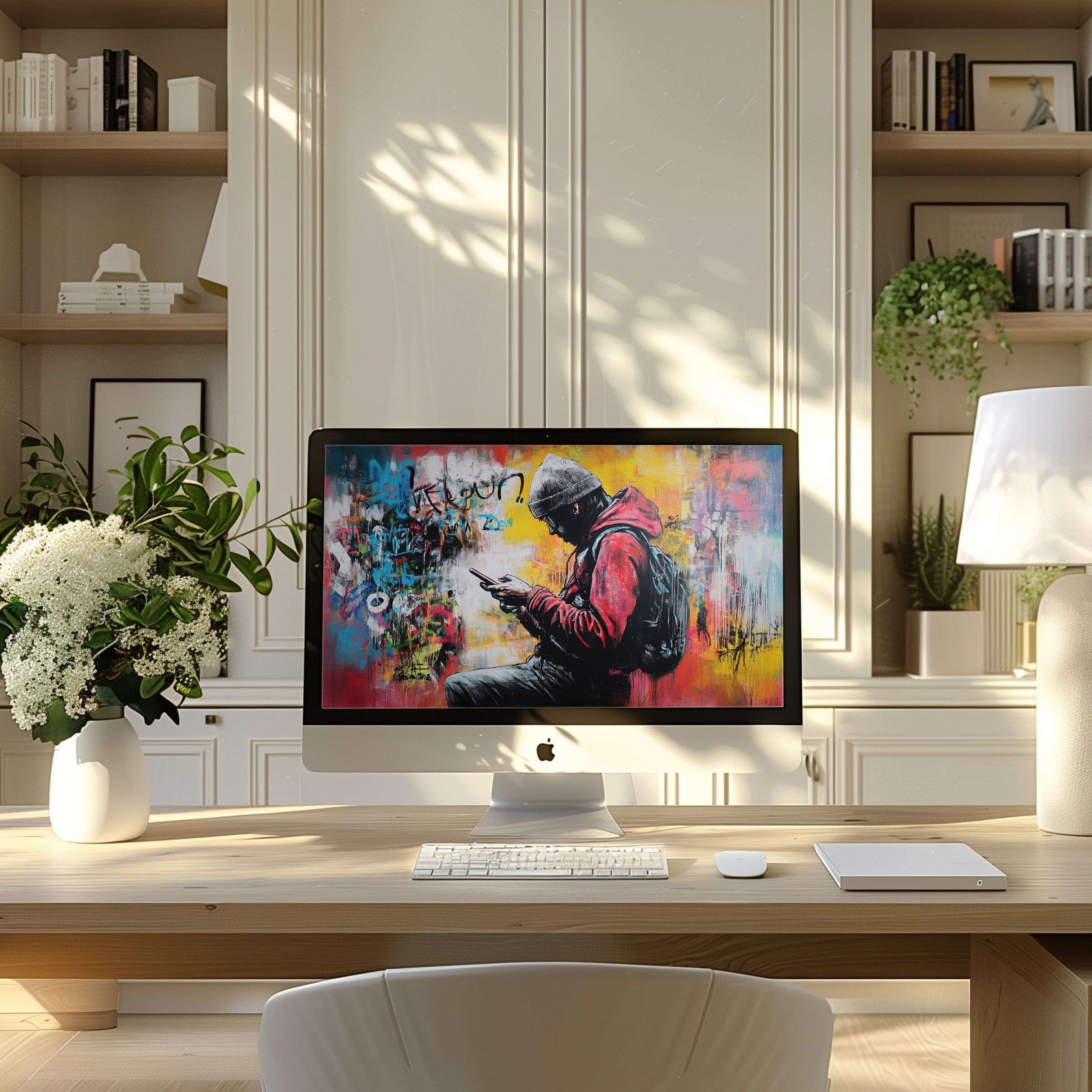 Urban graffiti art enhances a serene modern home office, ideal as a wallpaper for computer, PC, or laptop, inspiring elegance