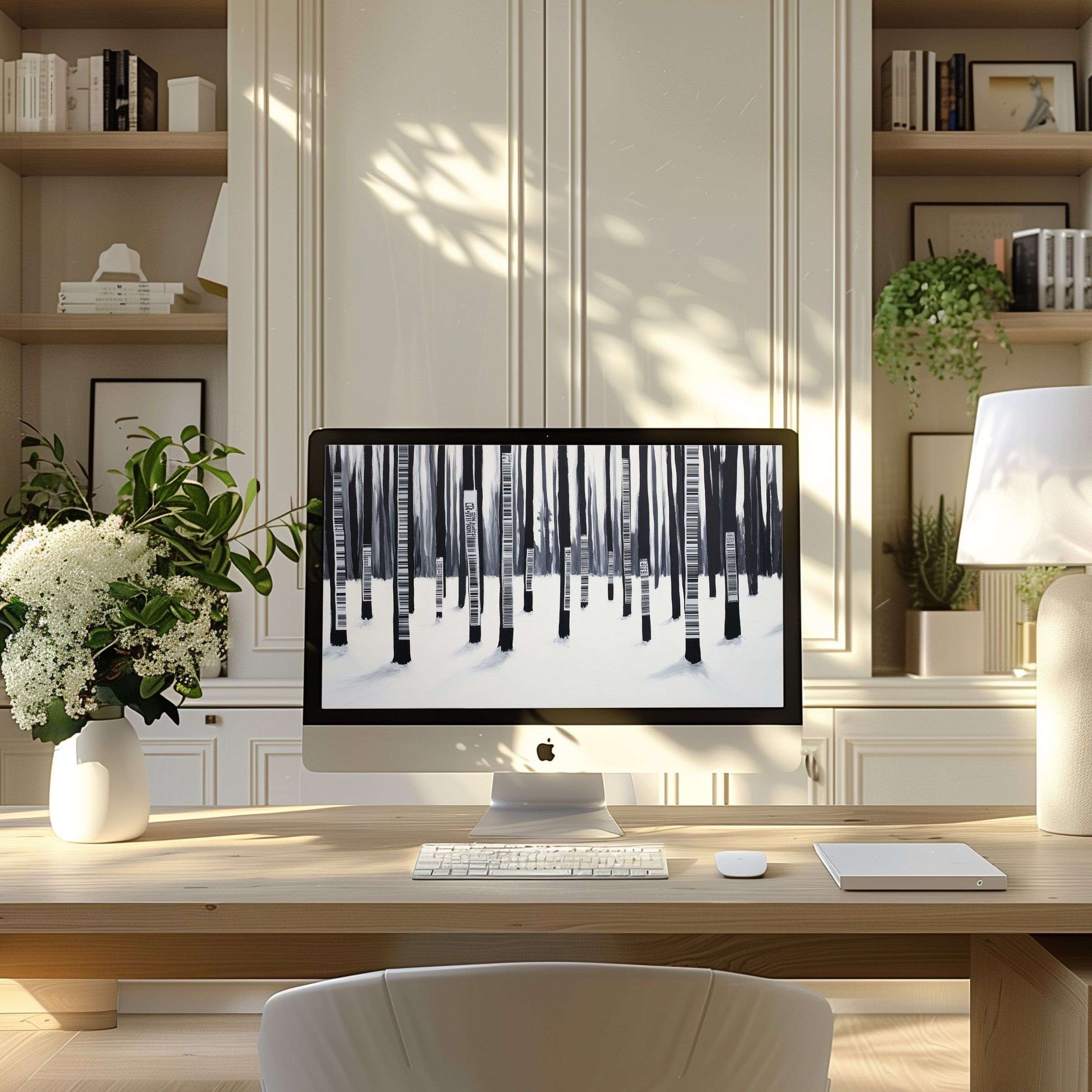 Elegant birch forest wallpaper for computer calming modern home office style perfect for PC laptop ultrawide digital download