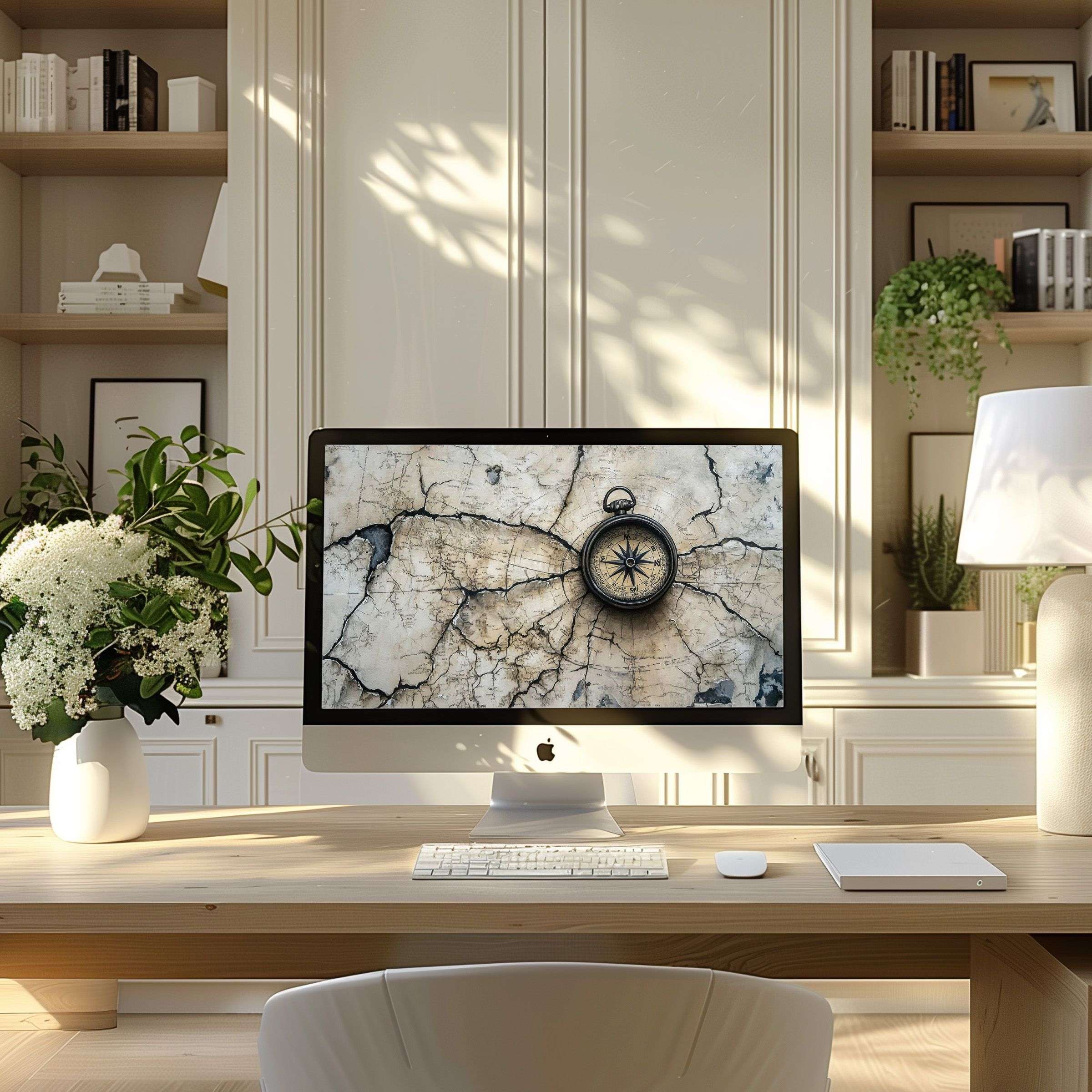 Vintage map-inspired wallpaper for computer creates elegance and calm in a modern home office, perfect for PC and Laptop users