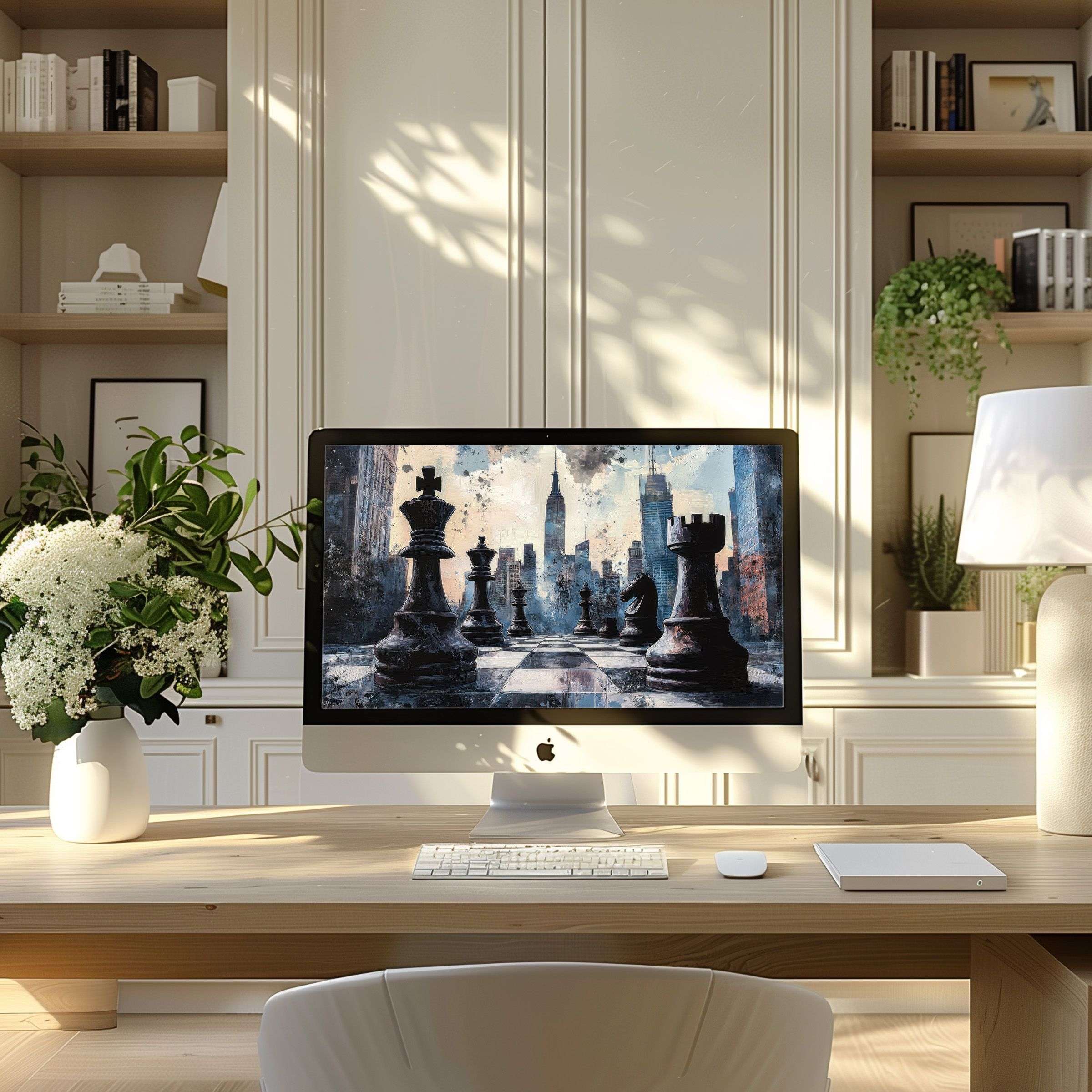 Elegant chess-themed wallpaper for computer enhances PC or Laptop workspace, offering calm inspiration for modern digital downloads