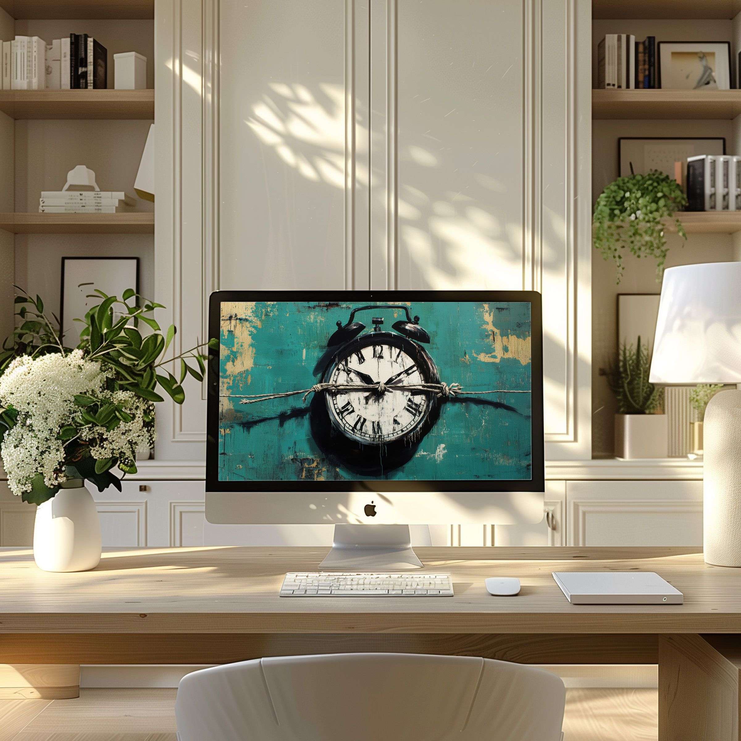 Inspire calm elegance with this teal clock digital art, perfect as wallpaper for computer, PC, or laptop in a modern office
