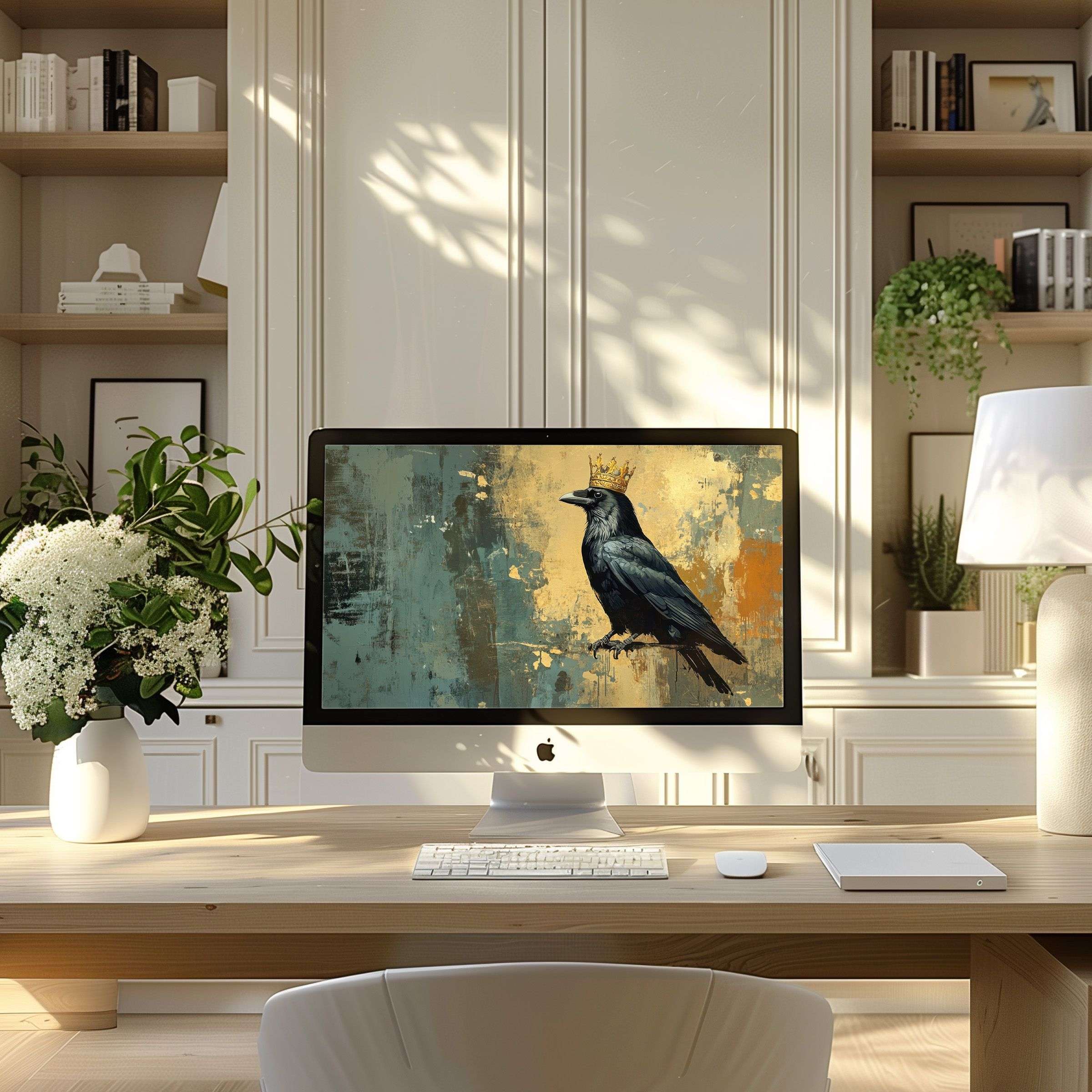 Elegant crow art wallpaper for computer exudes calm inspiration, perfect for PC, laptop, or ultrawide in a serene modern office