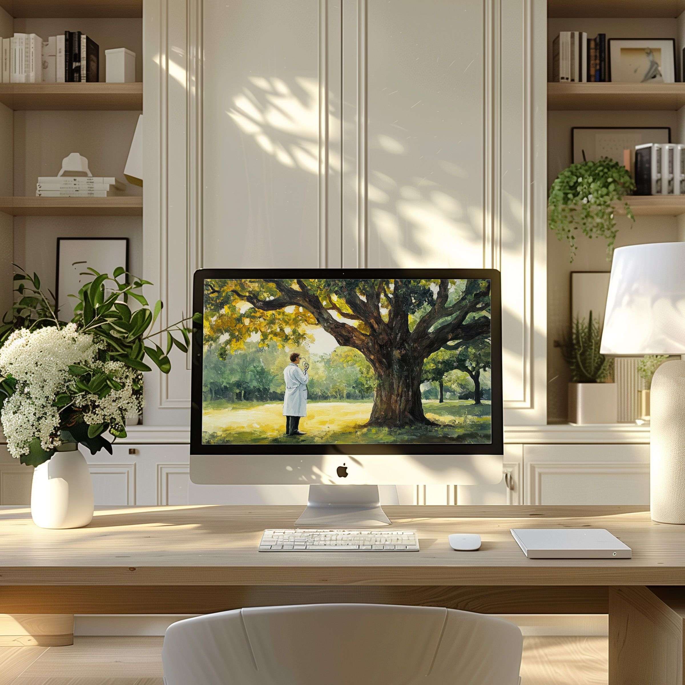 Elegant wallpaper for computer featuring a serene tree painting enhances your modern home office for PC, laptop, digital download