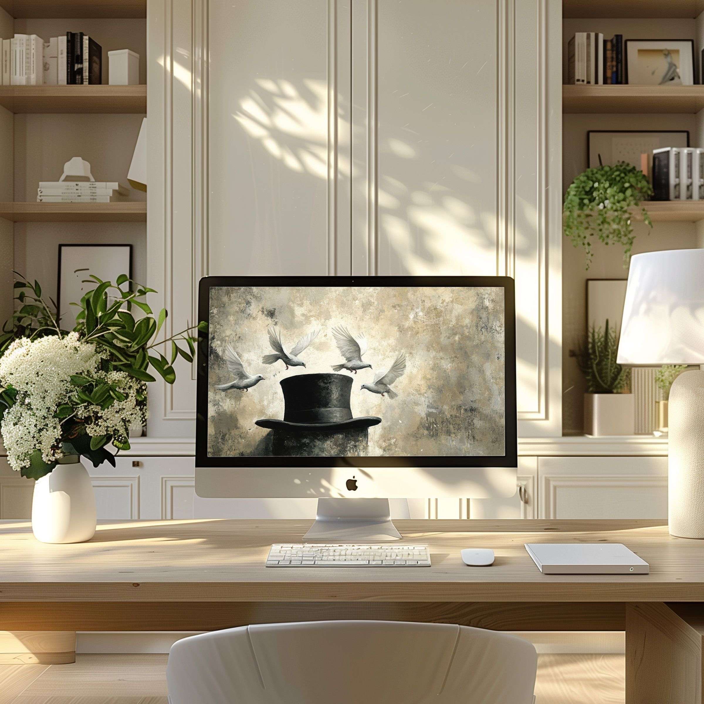 Elegant birds over top hat create a calming wallpaper for computer in a modern home office setup, ideal for PC or Laptop