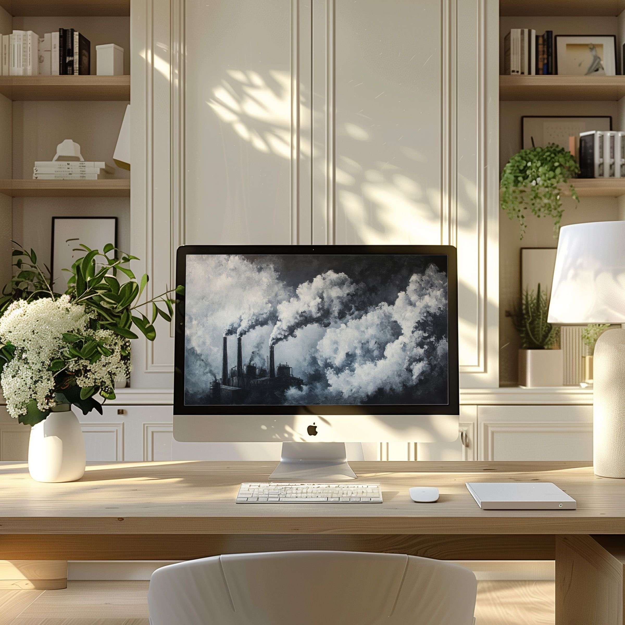 Inspiring digital art wallpaper for computer on a PC in a modern home office, perfect for calming laptop or ultrawide display use