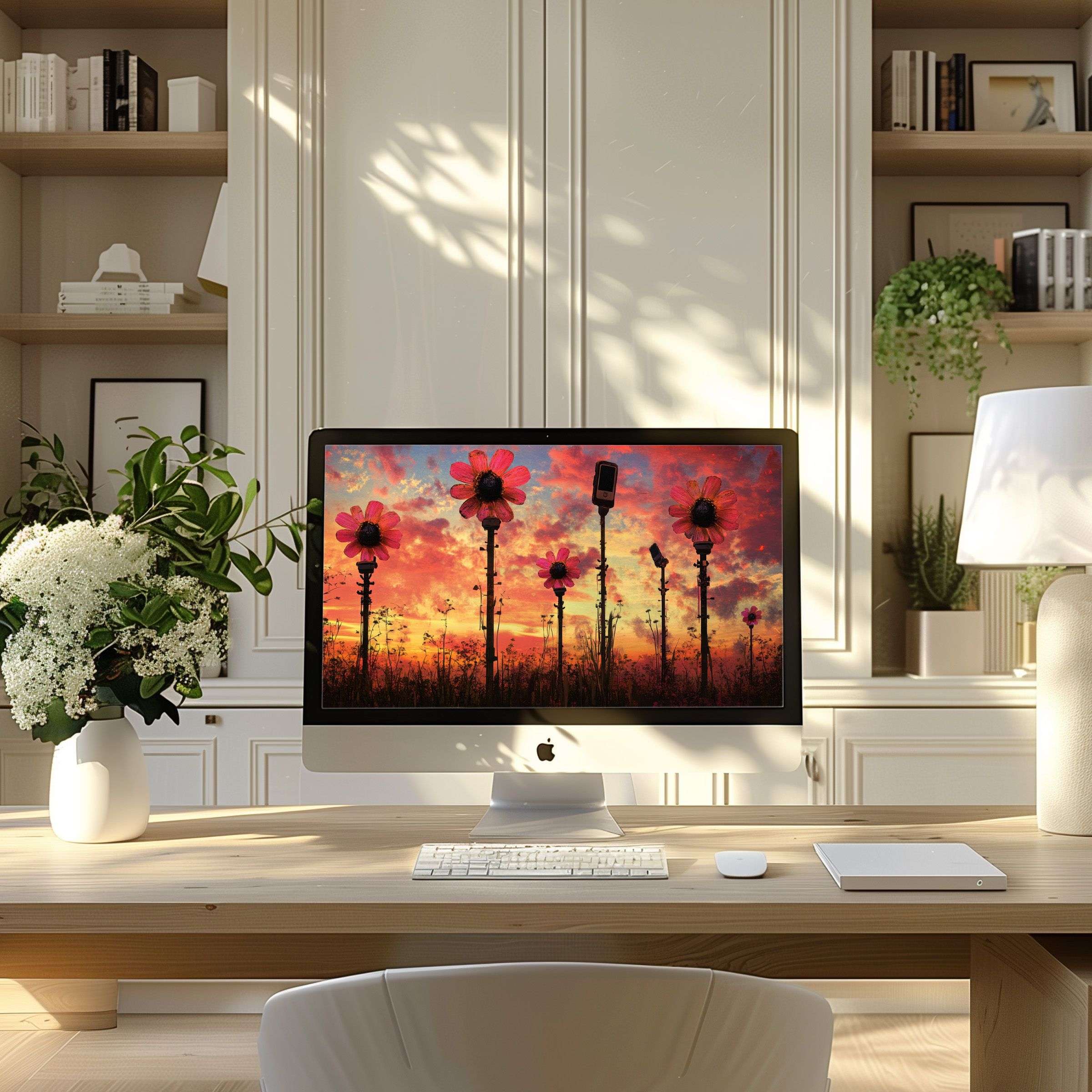 Elegant digital art with serene floral sunset, perfect wallpaper for computer, PC, and laptop, inspiring modern home office ambiance