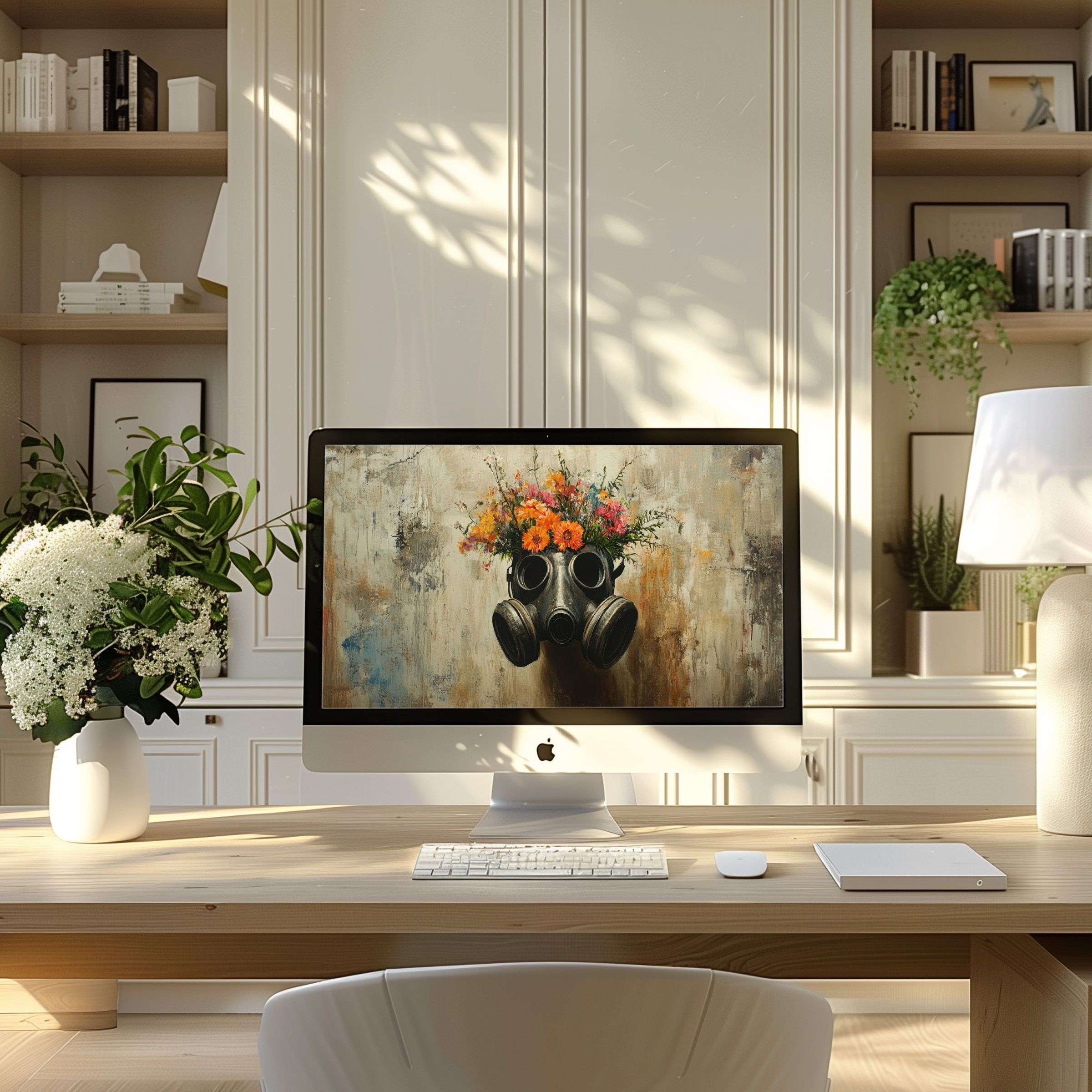 Elegant digital art gas mask with flowers wallpaper for computer, perfect for PC or laptop, inspiring modern home office ambiance