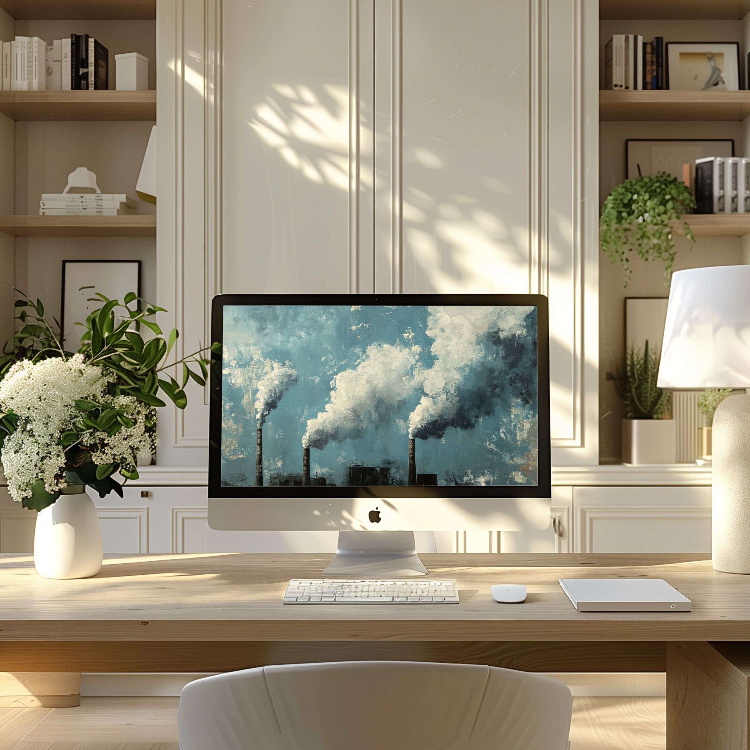 Elegant digital art with clouds and smokestacks enhances modern home office calm, perfect wallpaper for computer PC or laptop use