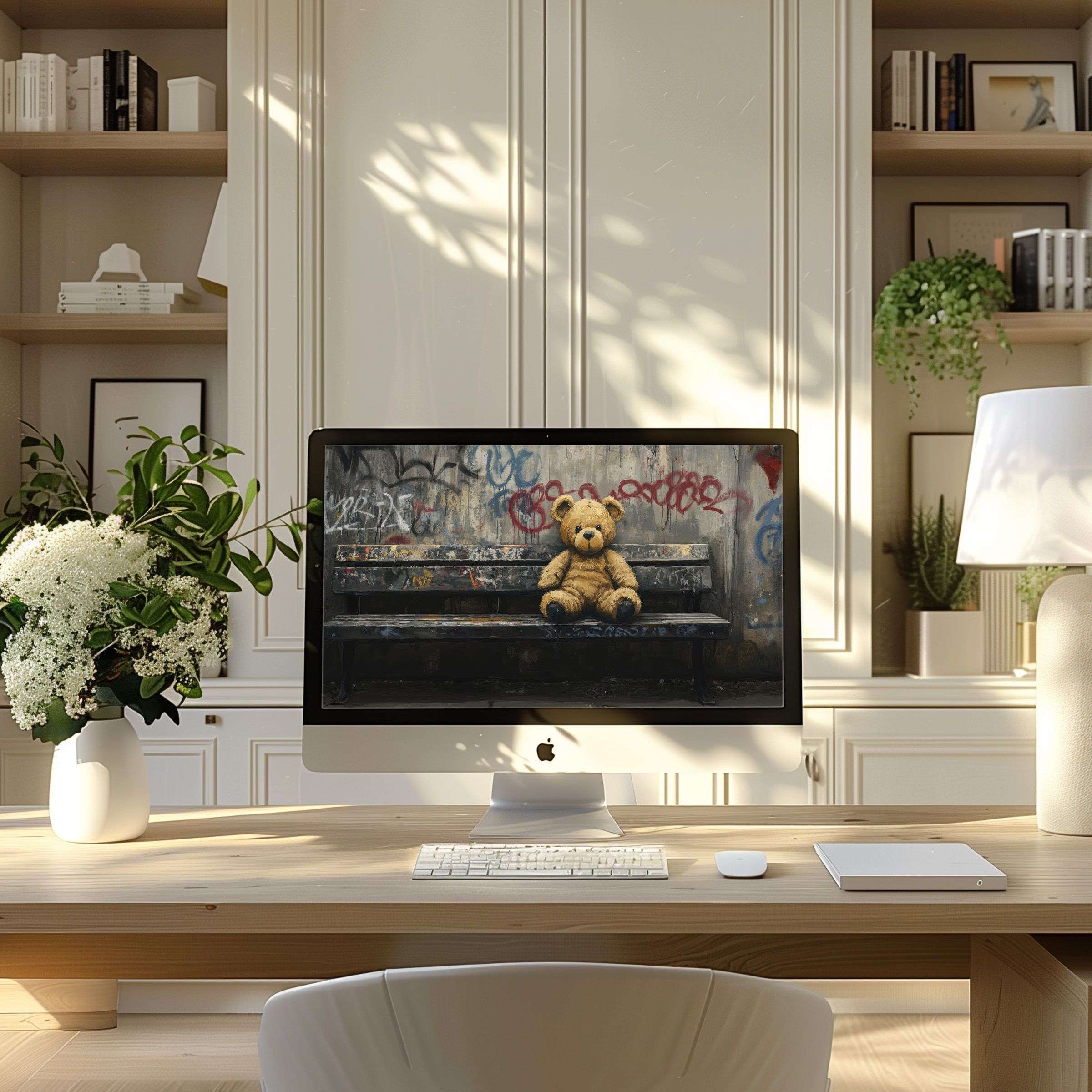 Calming teddy bear graffiti art wallpaper for computer adds elegance to a modern office desktop on PC or laptop displays