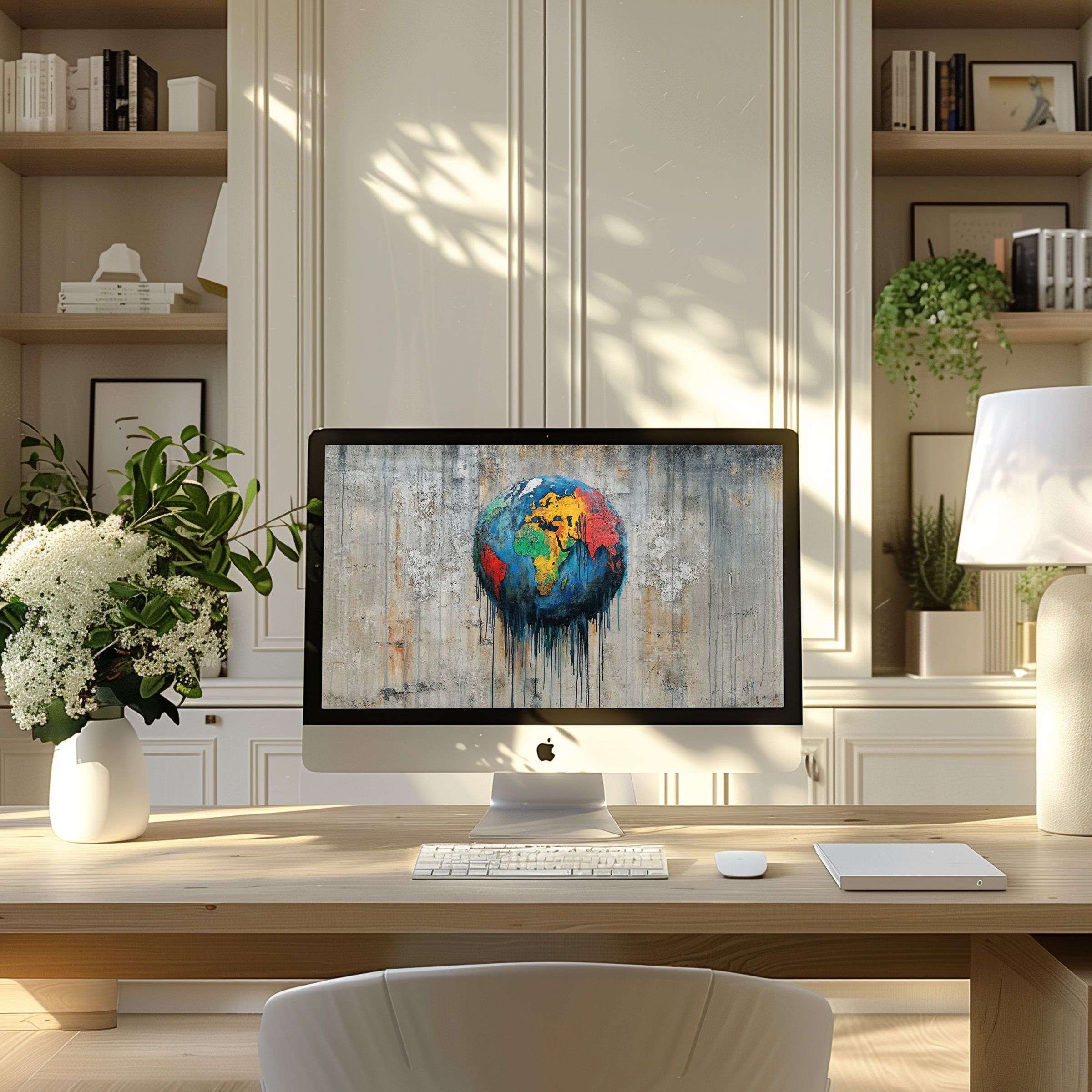 Elegant wallpaper for computer with abstract globe art enhances modern home office décor, perfect for PC, laptop, digital download