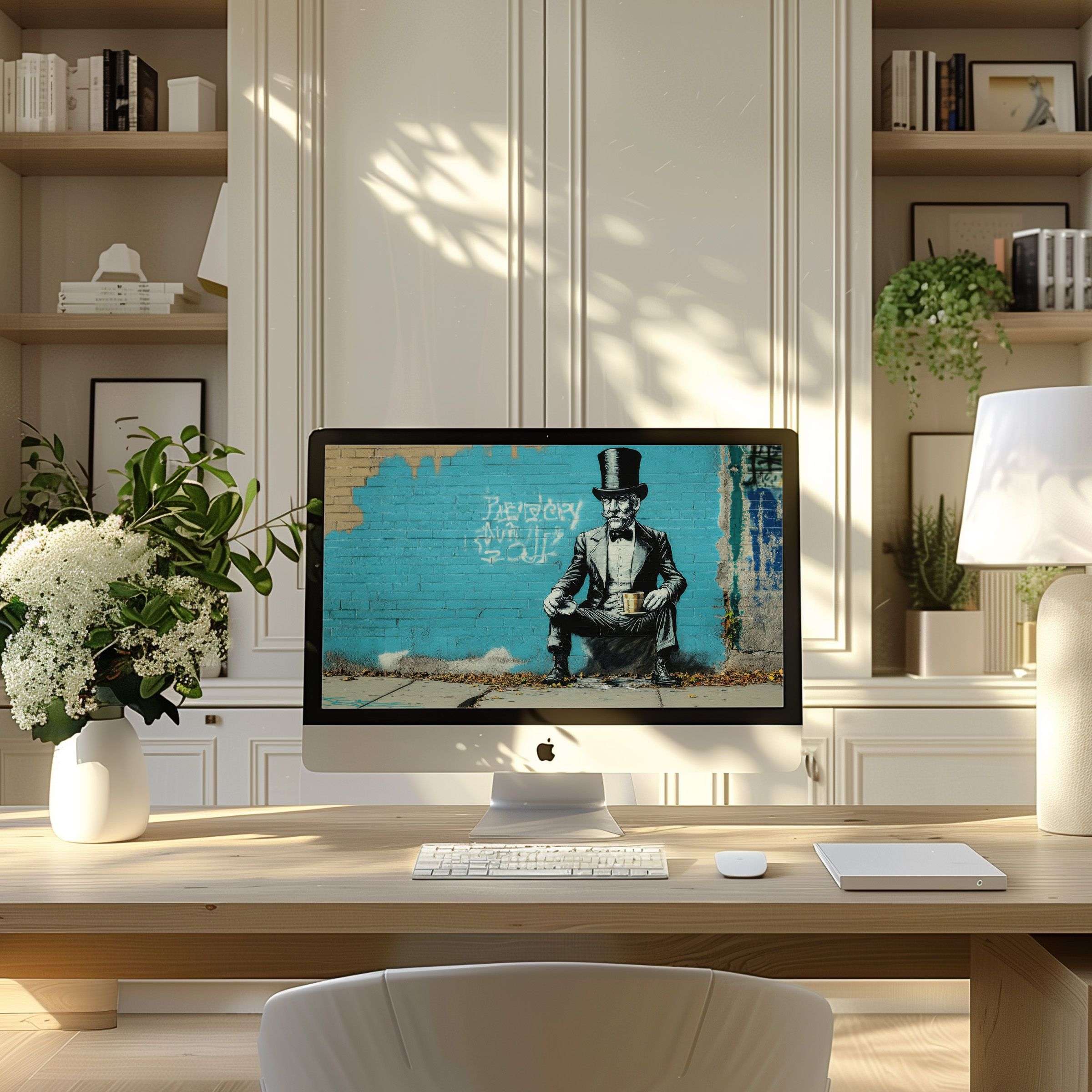 Elegant wallpaper for computer with street art motif enhances calm modern home office setup, ideal for PC or laptop download