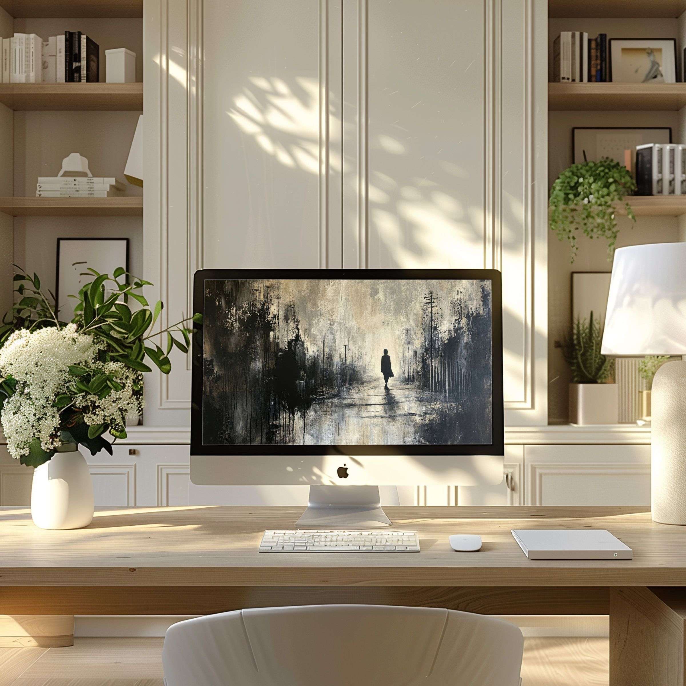 Elegant abstract dusk scene wallpaper for computer adds calm to a modern home office setup suitable for PC and laptop use