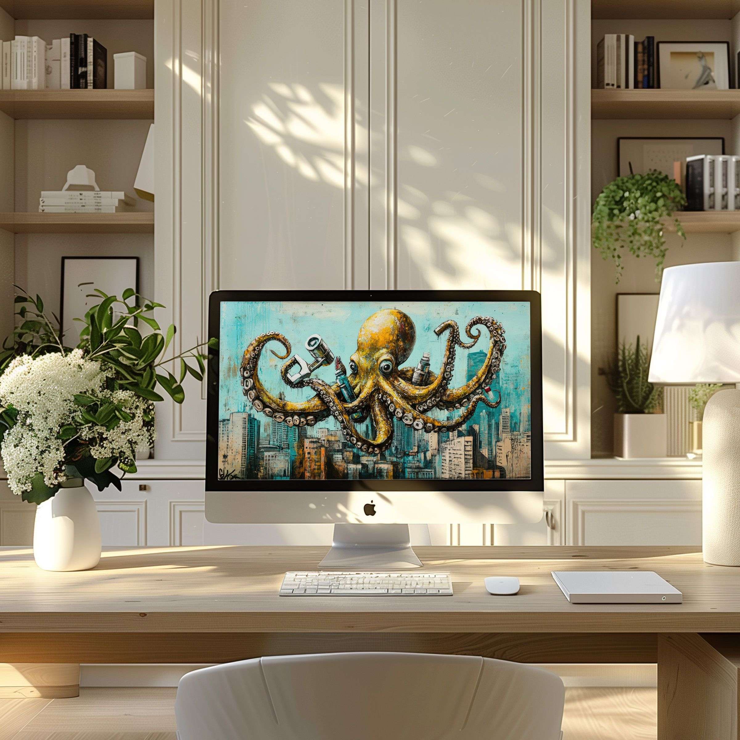 Elegant octopus digital art as wallpaper for computer elevates a modern home office PC or Laptop with calm inspiration