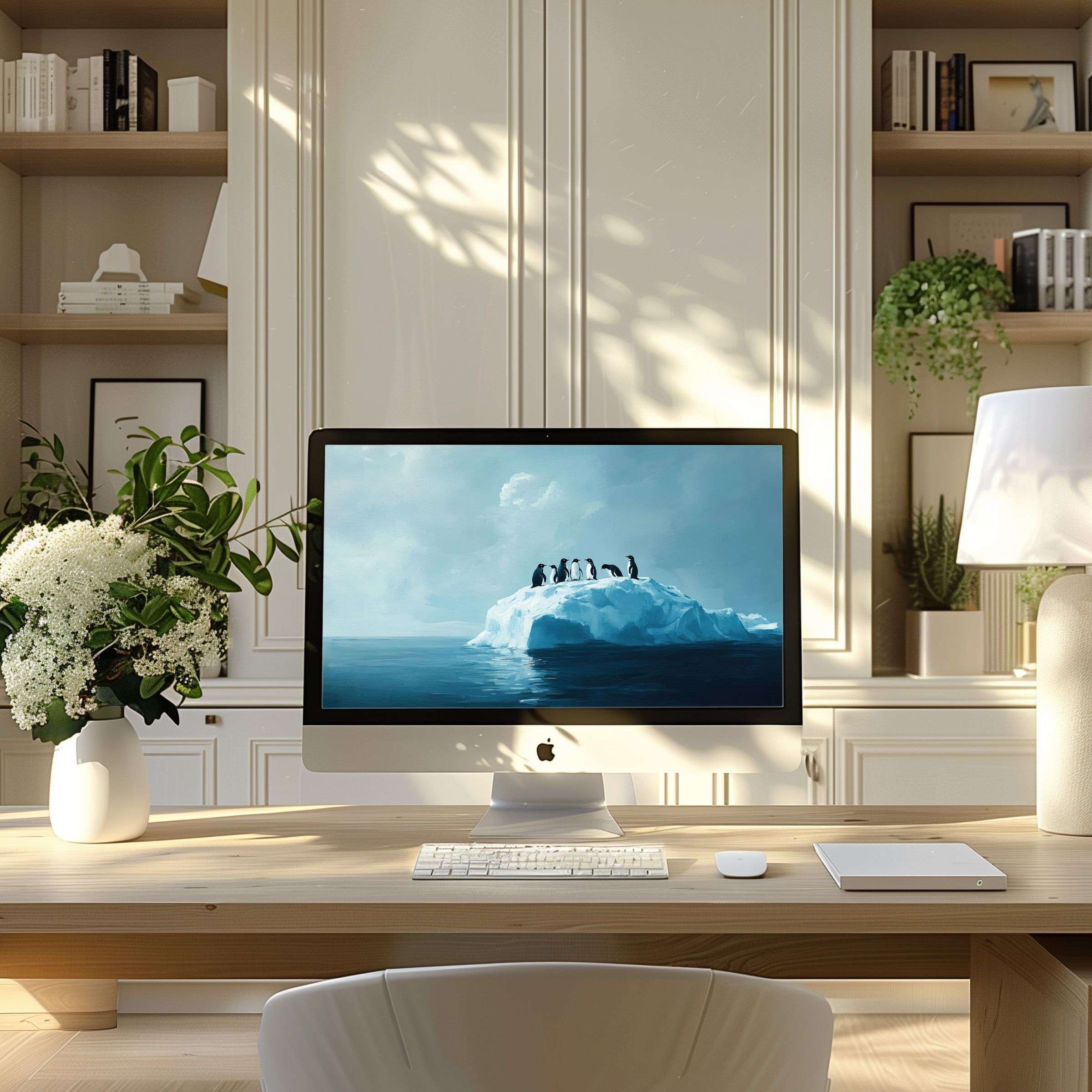 Elegant penguin-themed wallpaper for computer, PC or laptop in a serene modern office; inspires calm and aesthetic tranquility