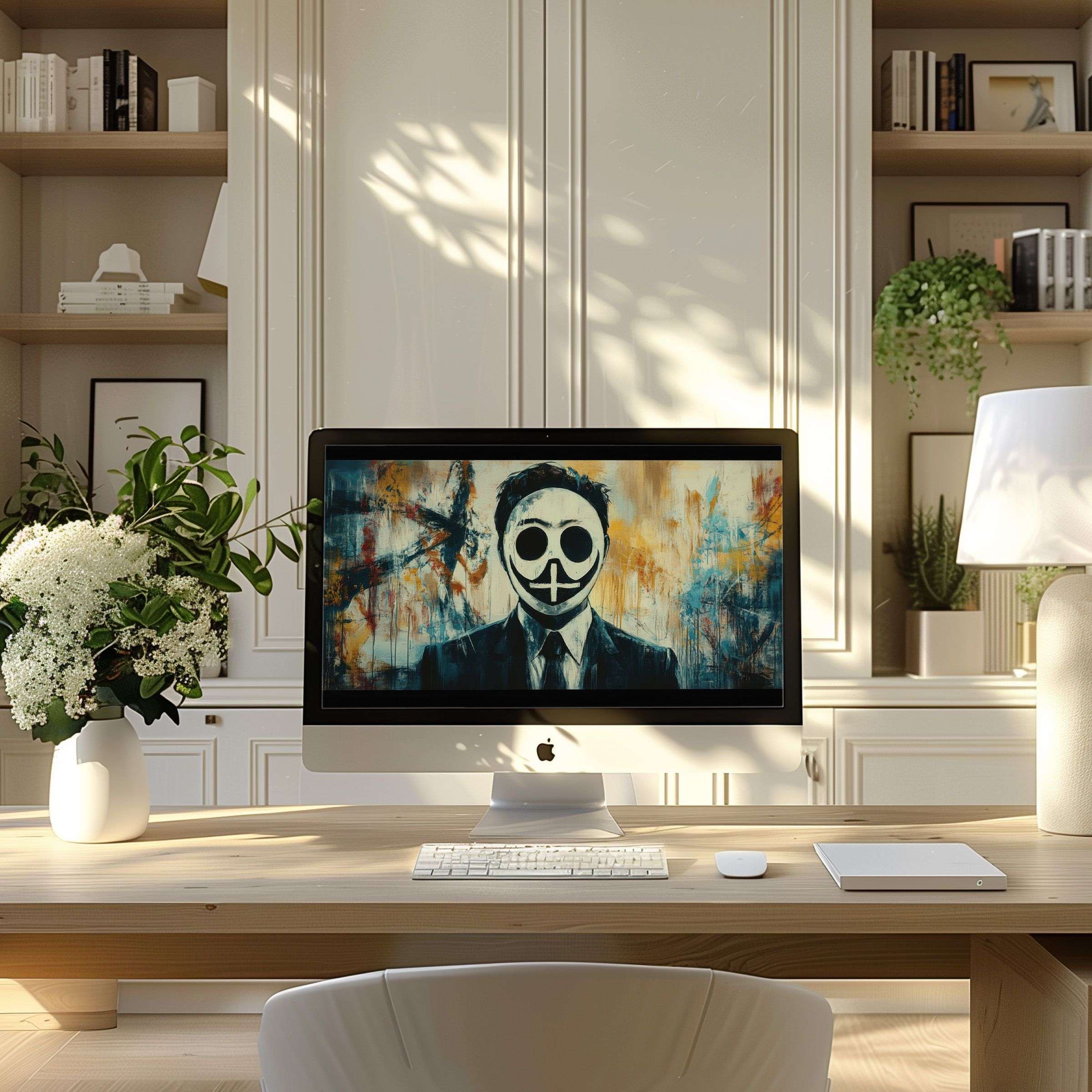 Vibrant abstract art as wallpaper for computer enhances modern home office elegance fitting PC laptop ultrawide inspiring calm elegance