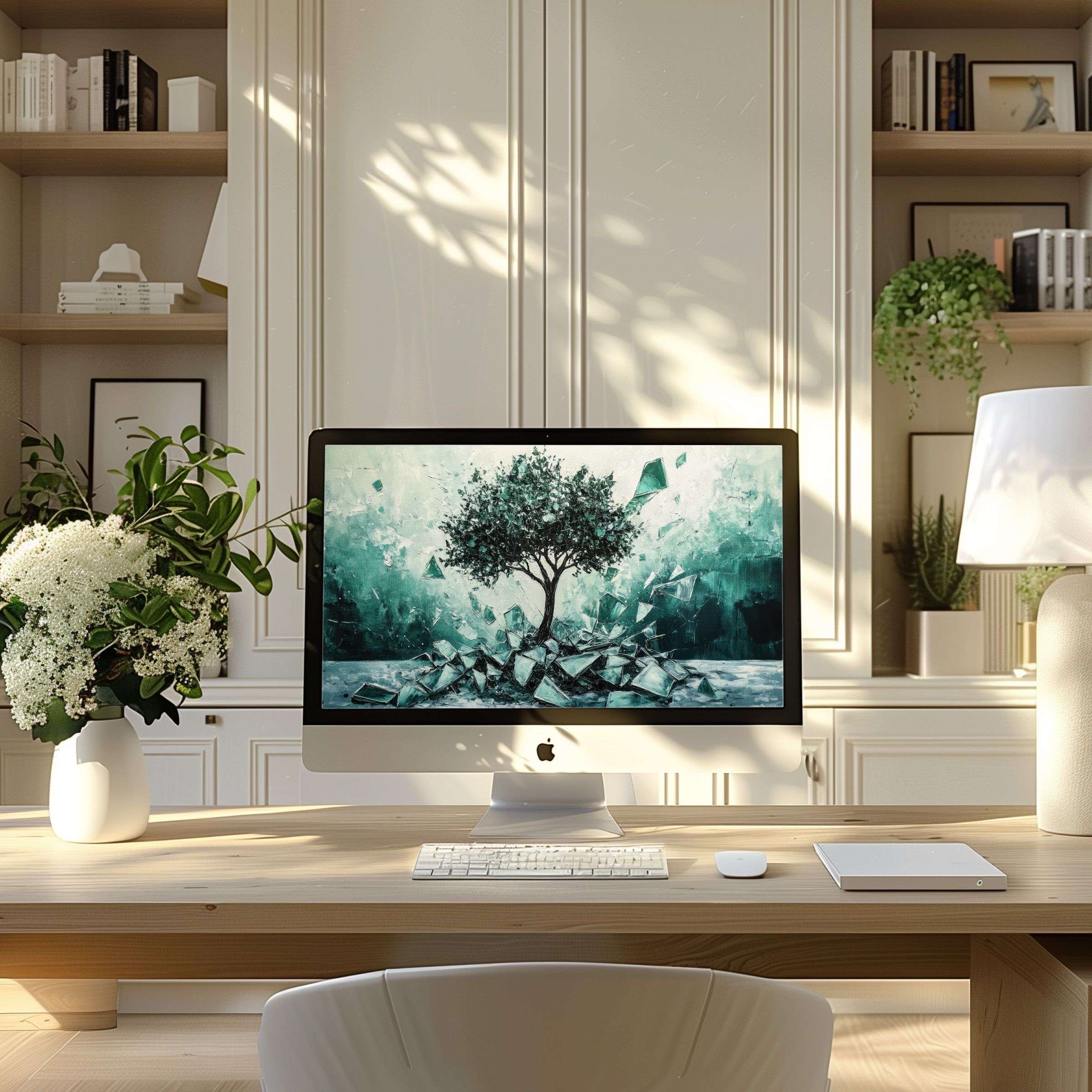 Elegant digital tree art creates calming inspiration for PC and Laptop screens, perfect wallpaper for computer in modern home office