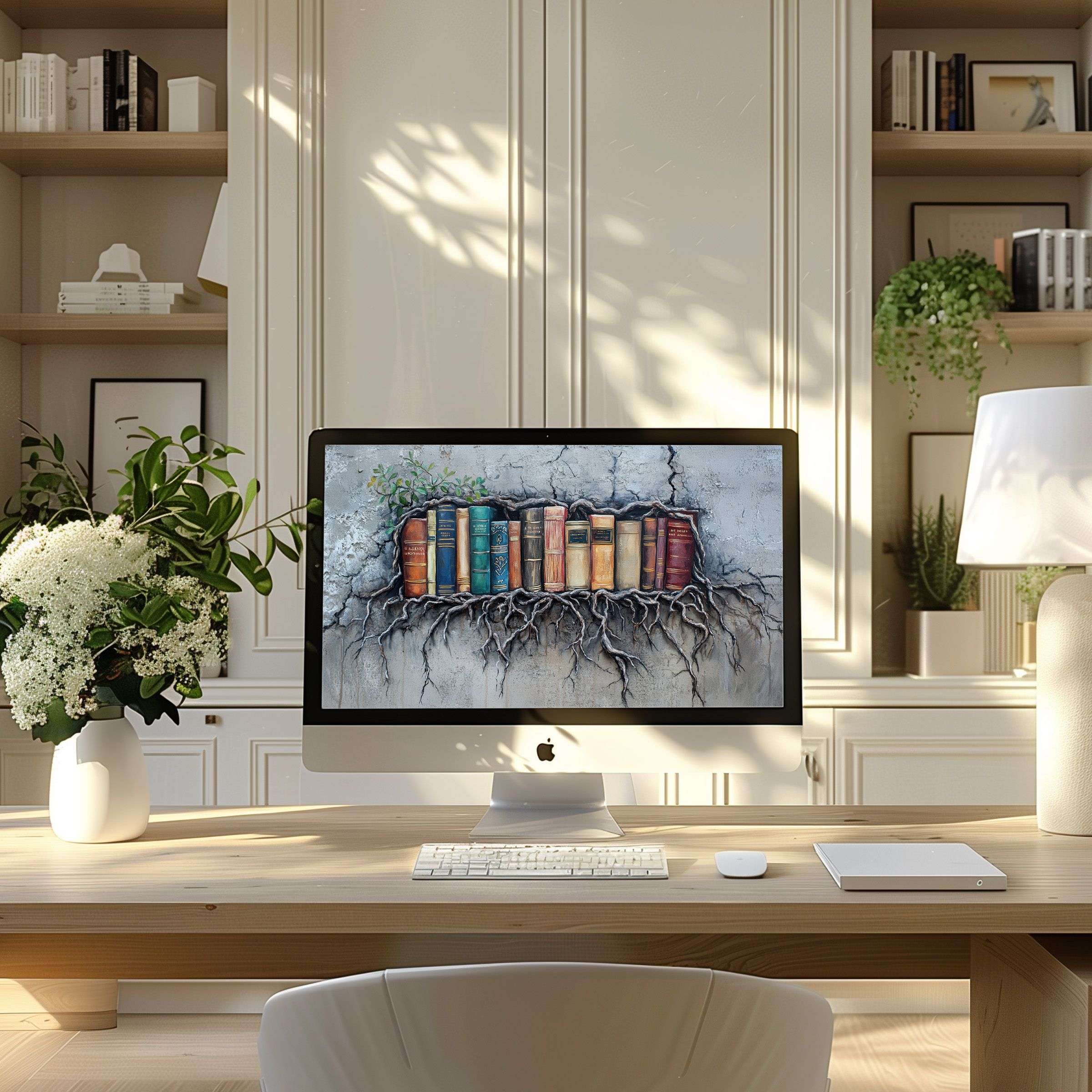 Elegant wallpaper for computer featuring vintage books and roots inspiring calm in a modern home office for PC, laptop download