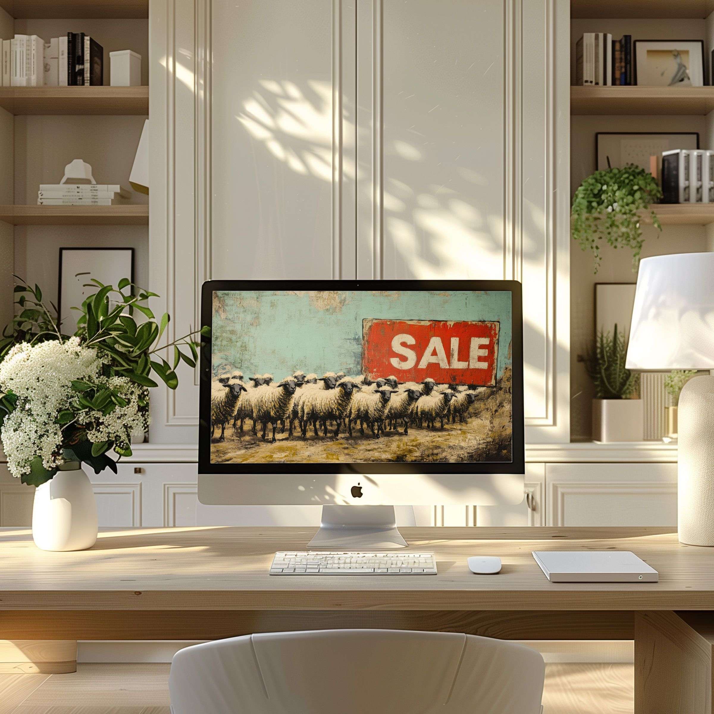 Elegant wallpaper for computer featuring sheep and bold sign, perfect for PC or Laptop in a tranquil modern home office