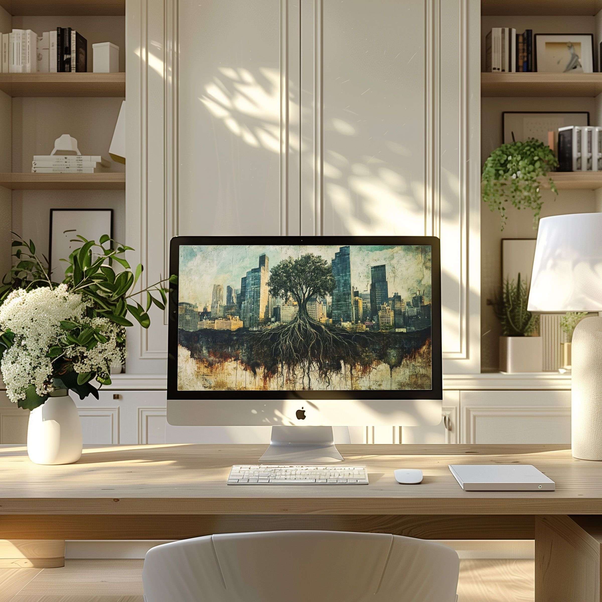 Elegant wallpaper for computer showcasing a tree's roots and cityscape, perfect for PC and Laptop in a modern home office setting