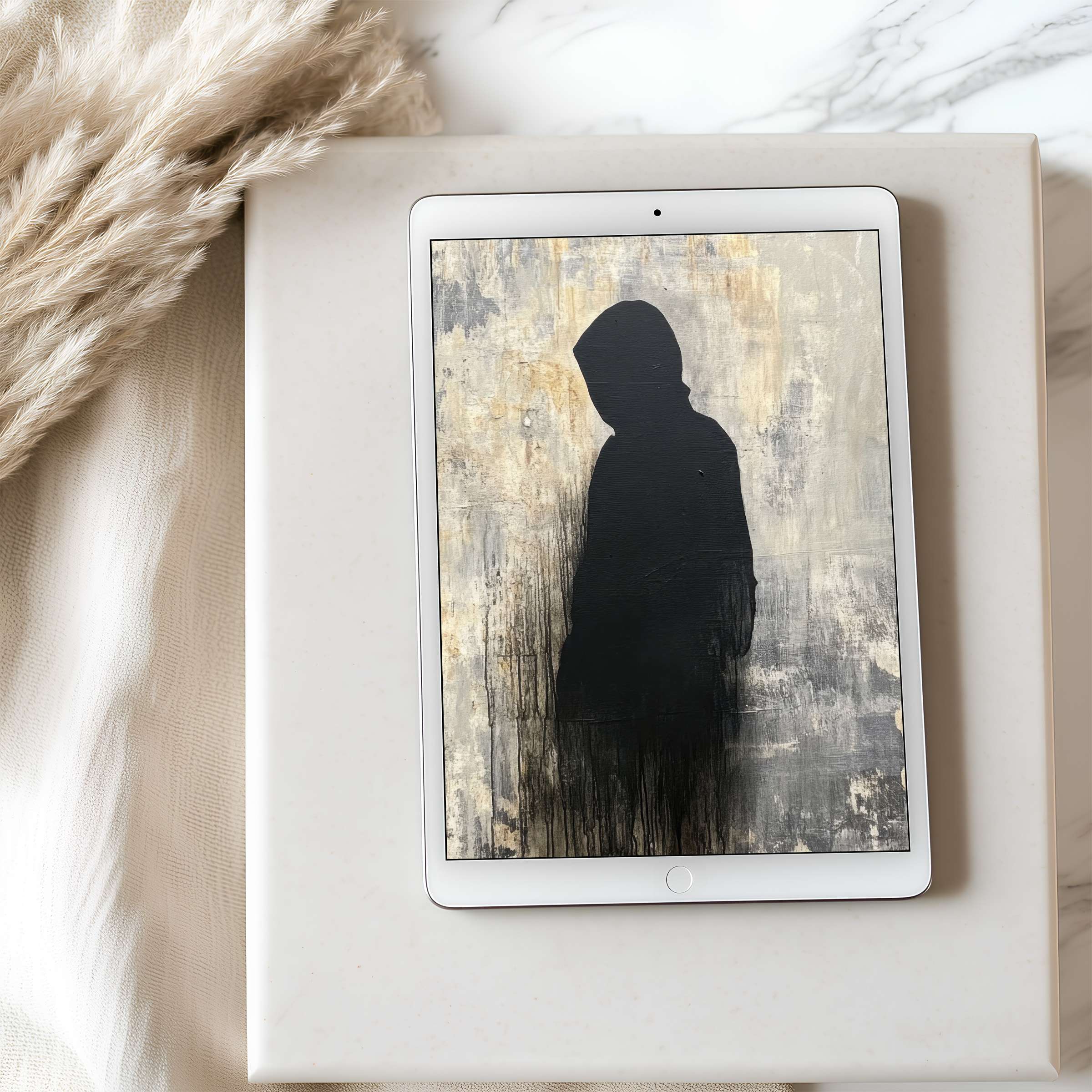 Elegant tablet wallpaper showcasing a silhouette against textured beige and gray tones, perfect for digital download and high resolution on iPad