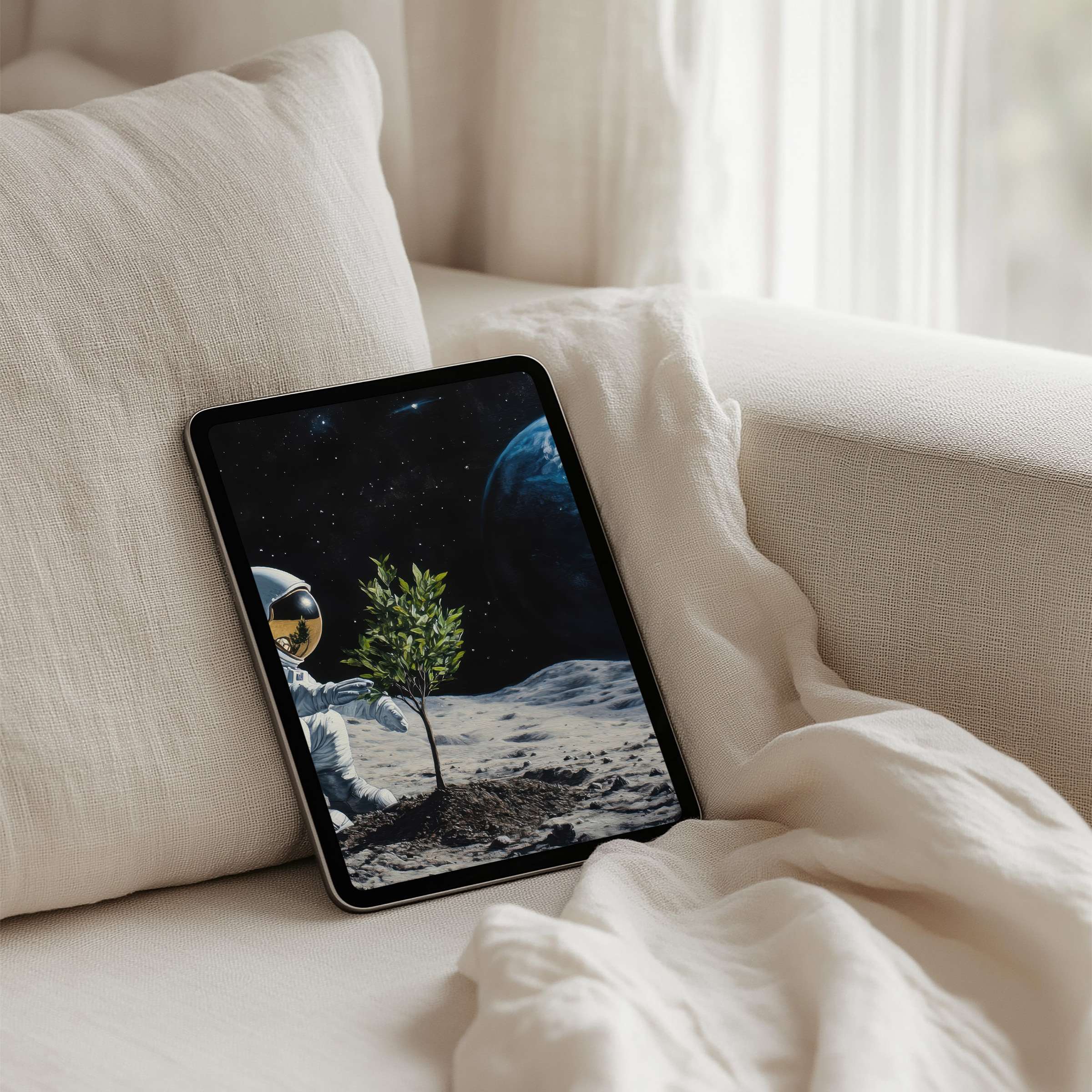 Astronaut planting a tree on the moon iPad background fosters calm and mindfulness in instant download for tablet users everywhere