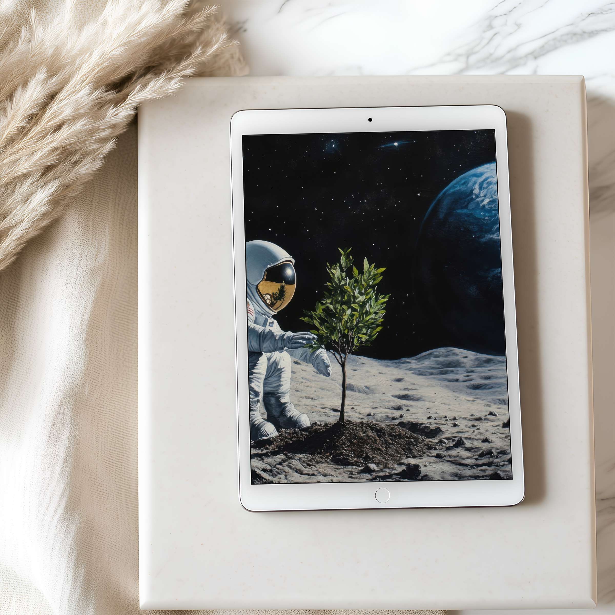 Astronaut nurturing a sapling on the moon, creating a serene tablet wallpaper in high resolution for eco-conscious digital downloads