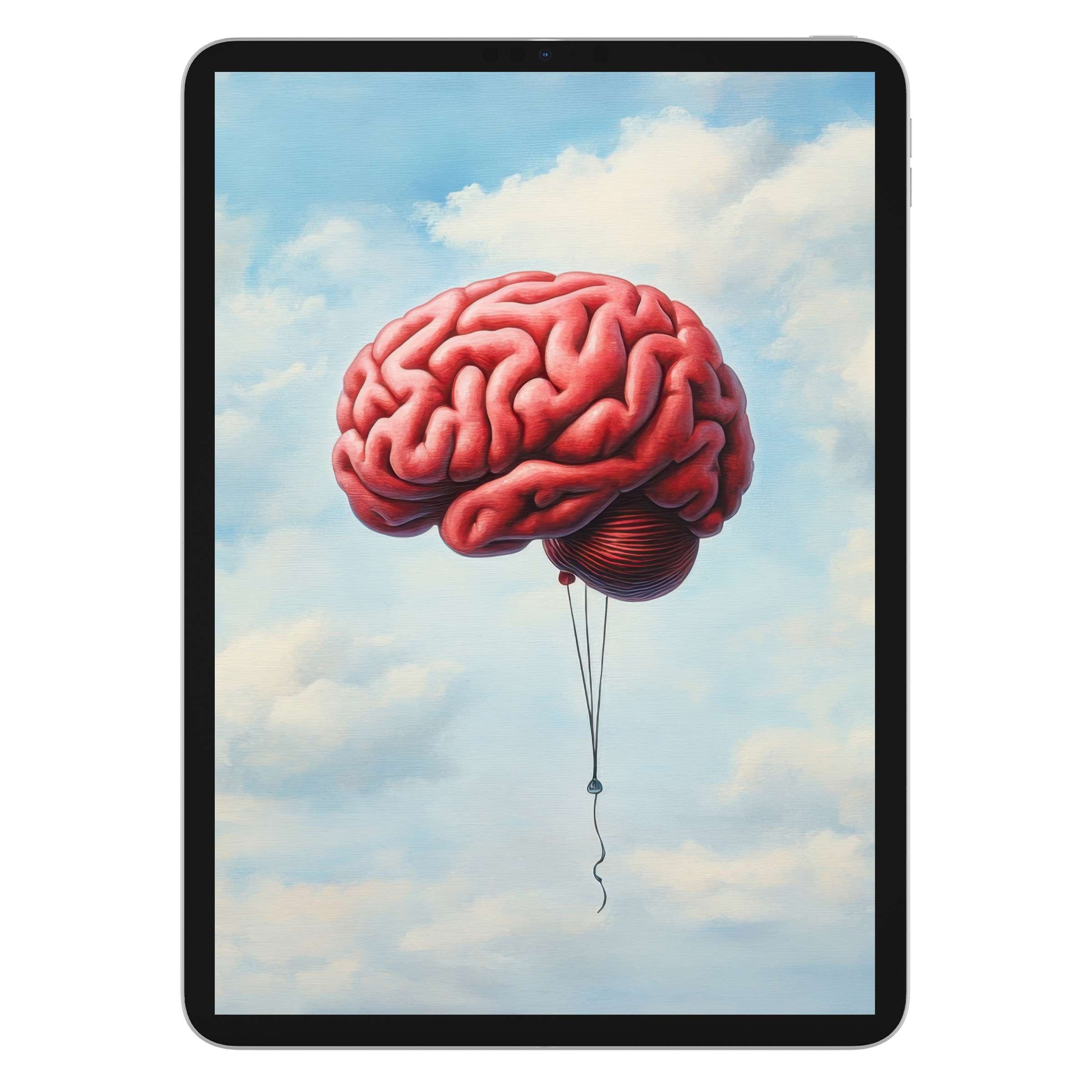 Floating brain street art iPad wallpaper features serene sky background, perfect digital download for tablet aesthetic enhancement