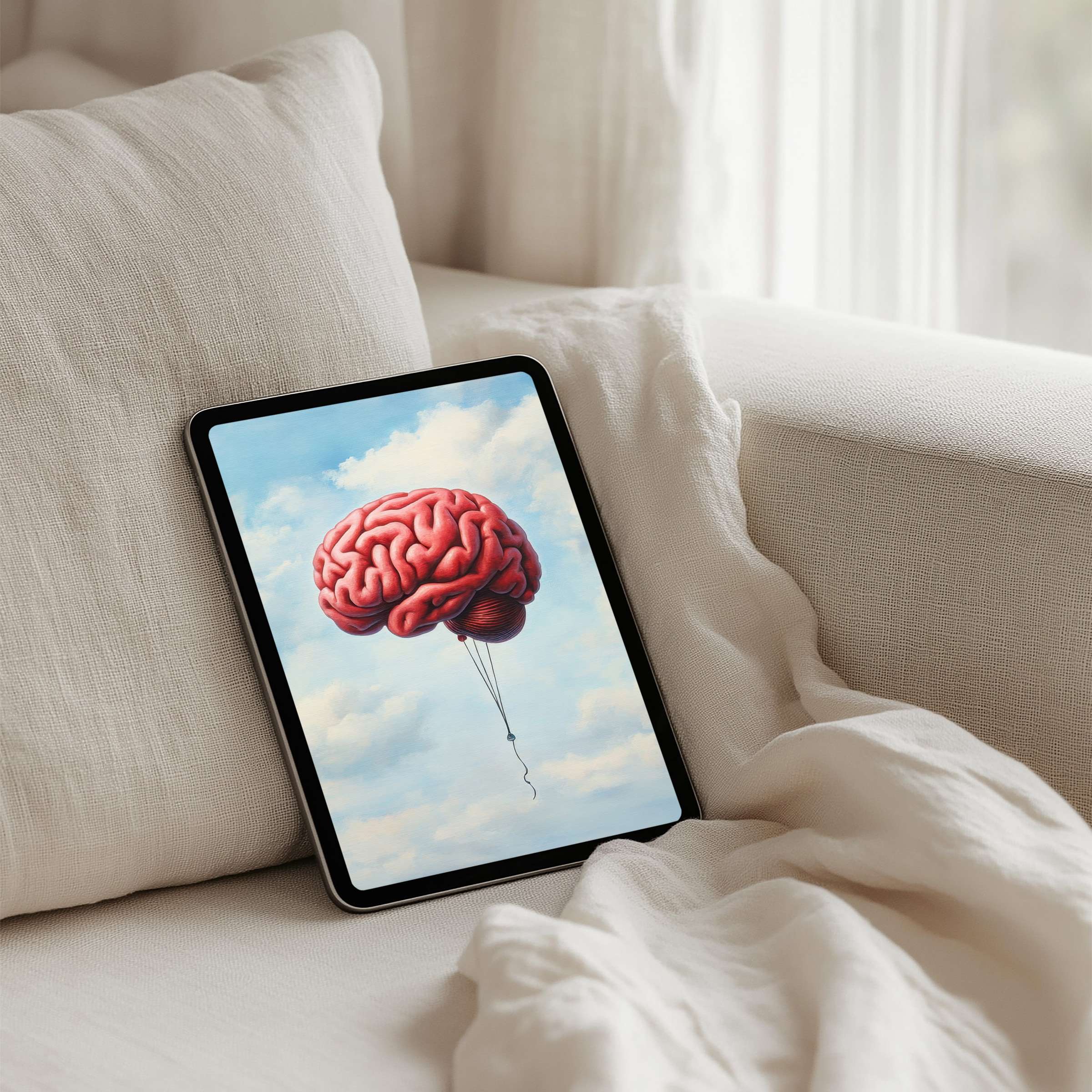 Elegant iPad background featuring surreal brain balloon art evokes calm and inspiration for your tablet instant download experience