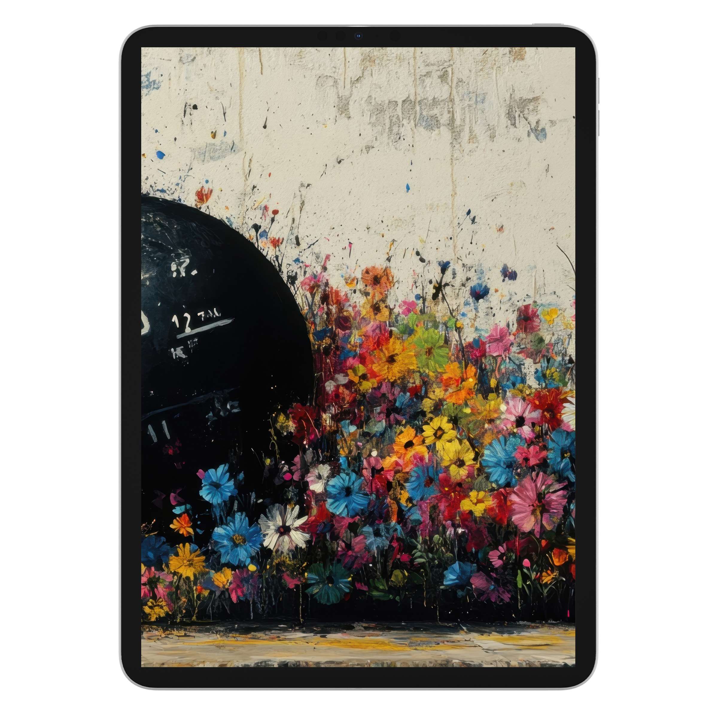 Street art iPad wallpaper featuring vibrant floral graffiti on a textured wall as a digital download background for any tablet