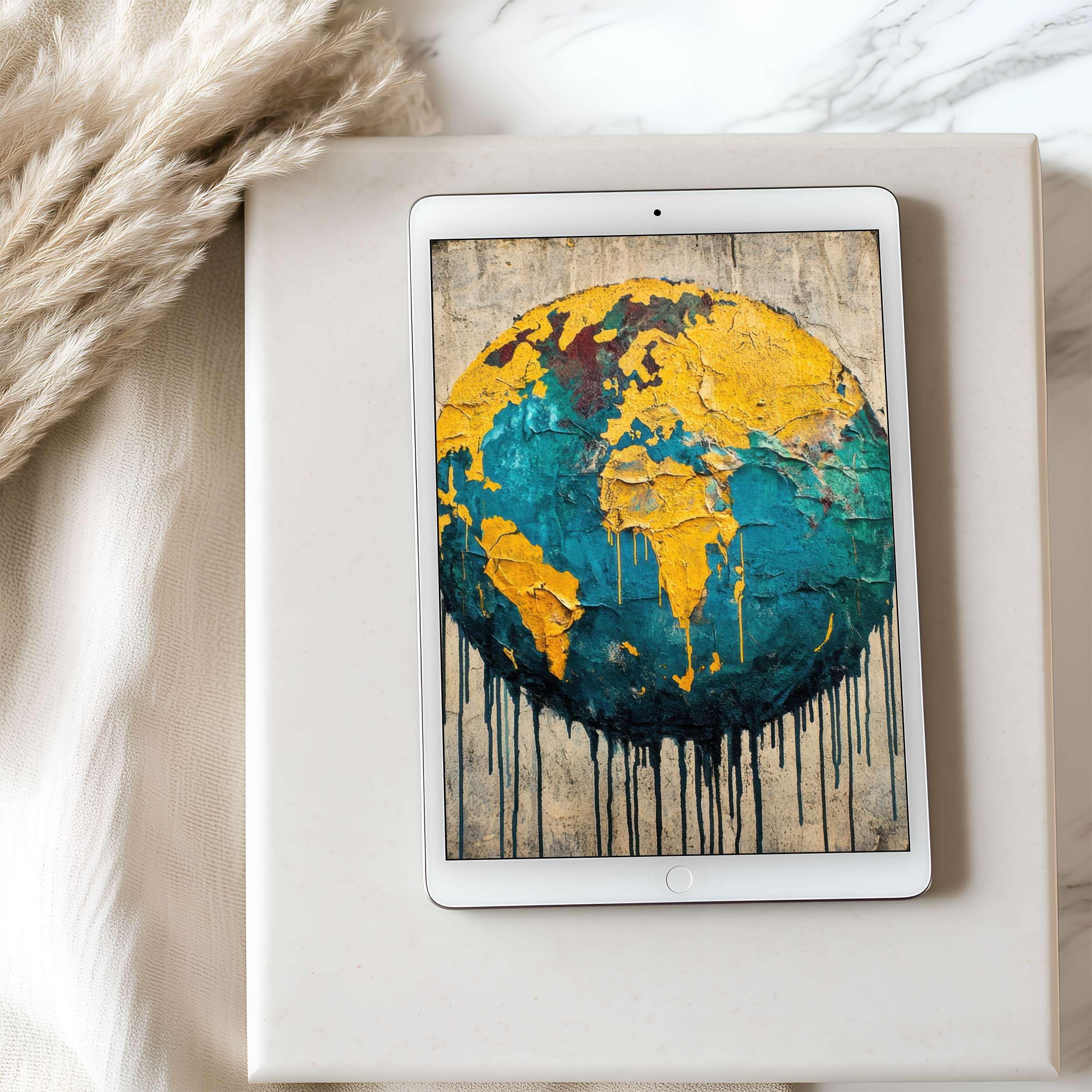 Elegant tablet wallpaper featuring a textured abstract globe in vibrant yellows and blues suitable for high-resolution digital downloads