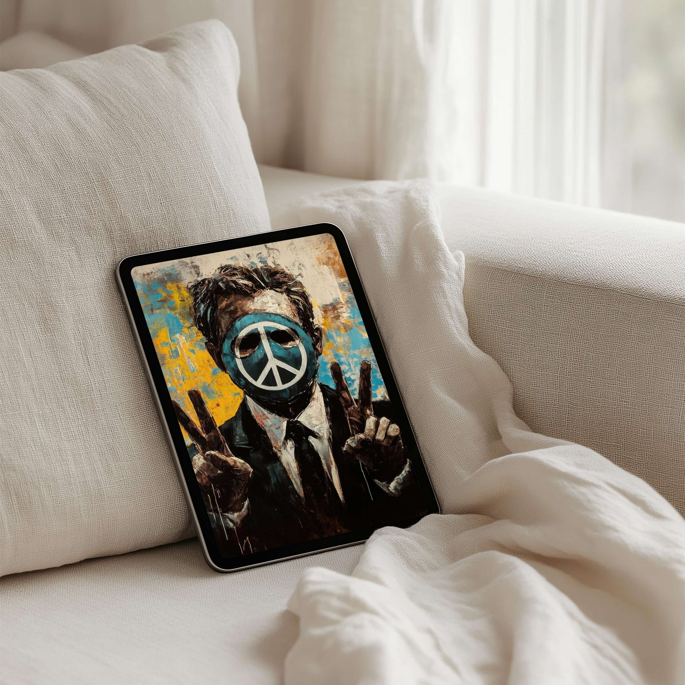 Colorful abstract art featuring a peace sign face exudes calm on an iPad background fits Samsung Android tablets instant download