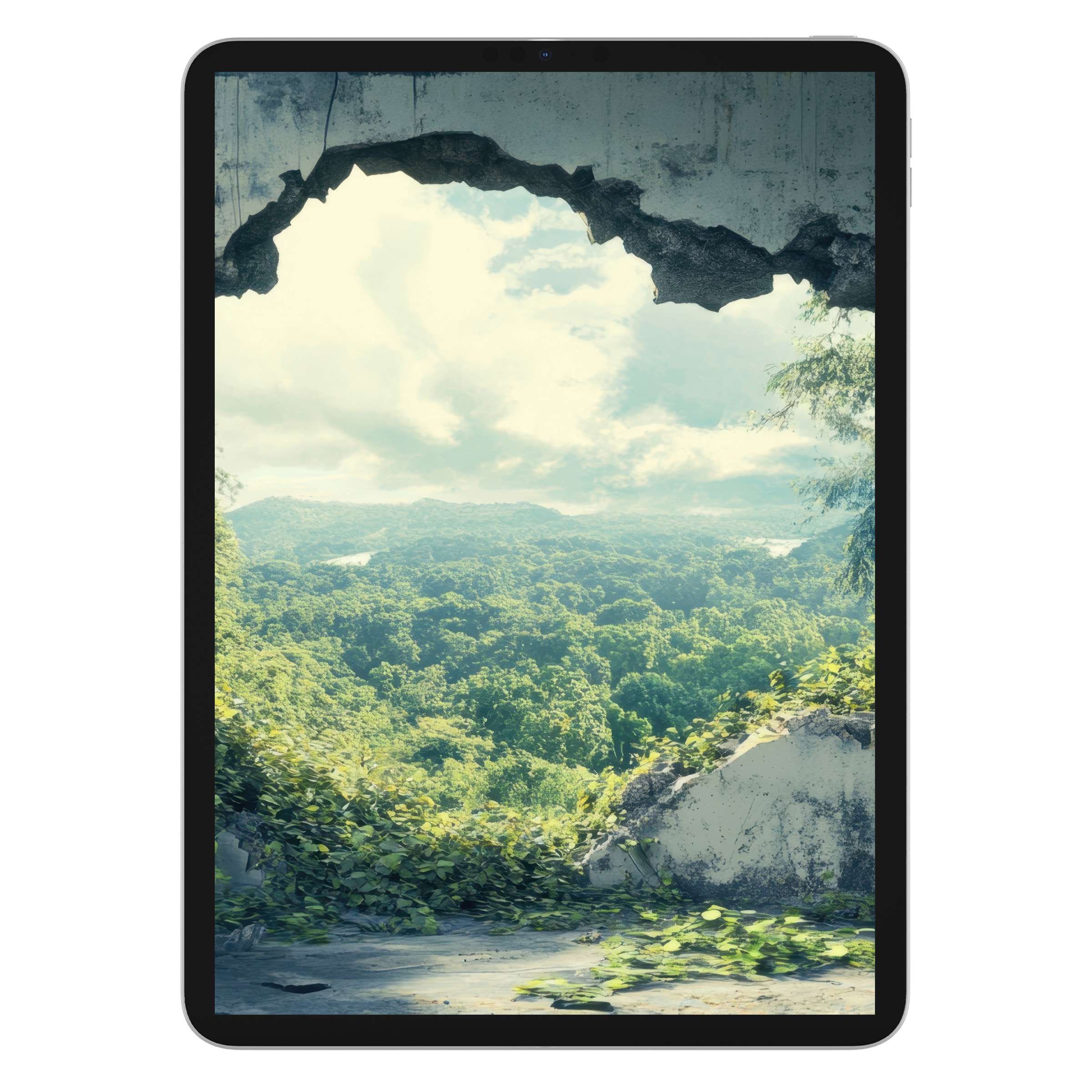Street art iPad wallpaper digital download with a serene forest background seen through a wall, ideal for elegant tablet displays