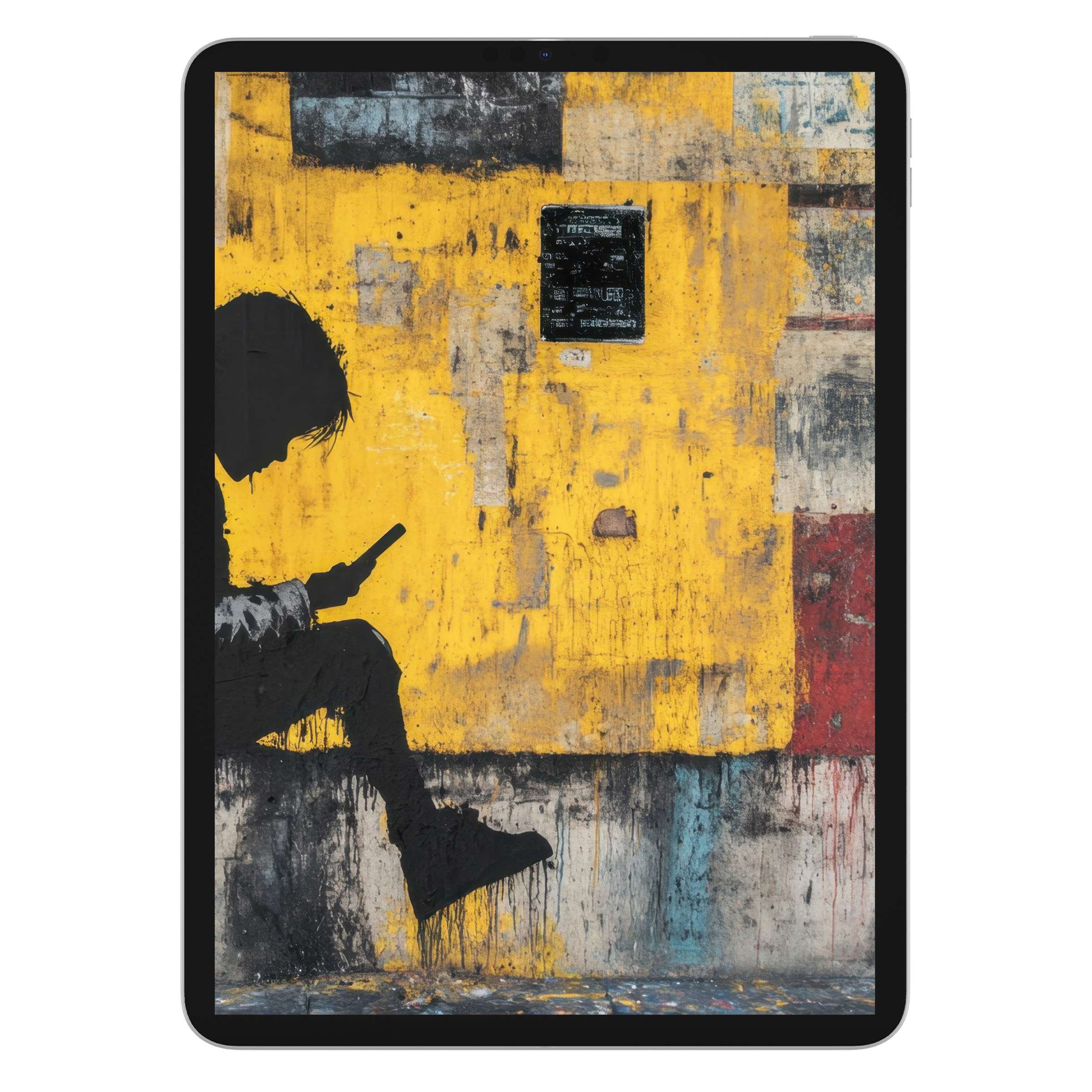 Street art iPad wallpaper with vibrant yellow, textured mood, perfect digital download background for tablets, calm aesthetic
