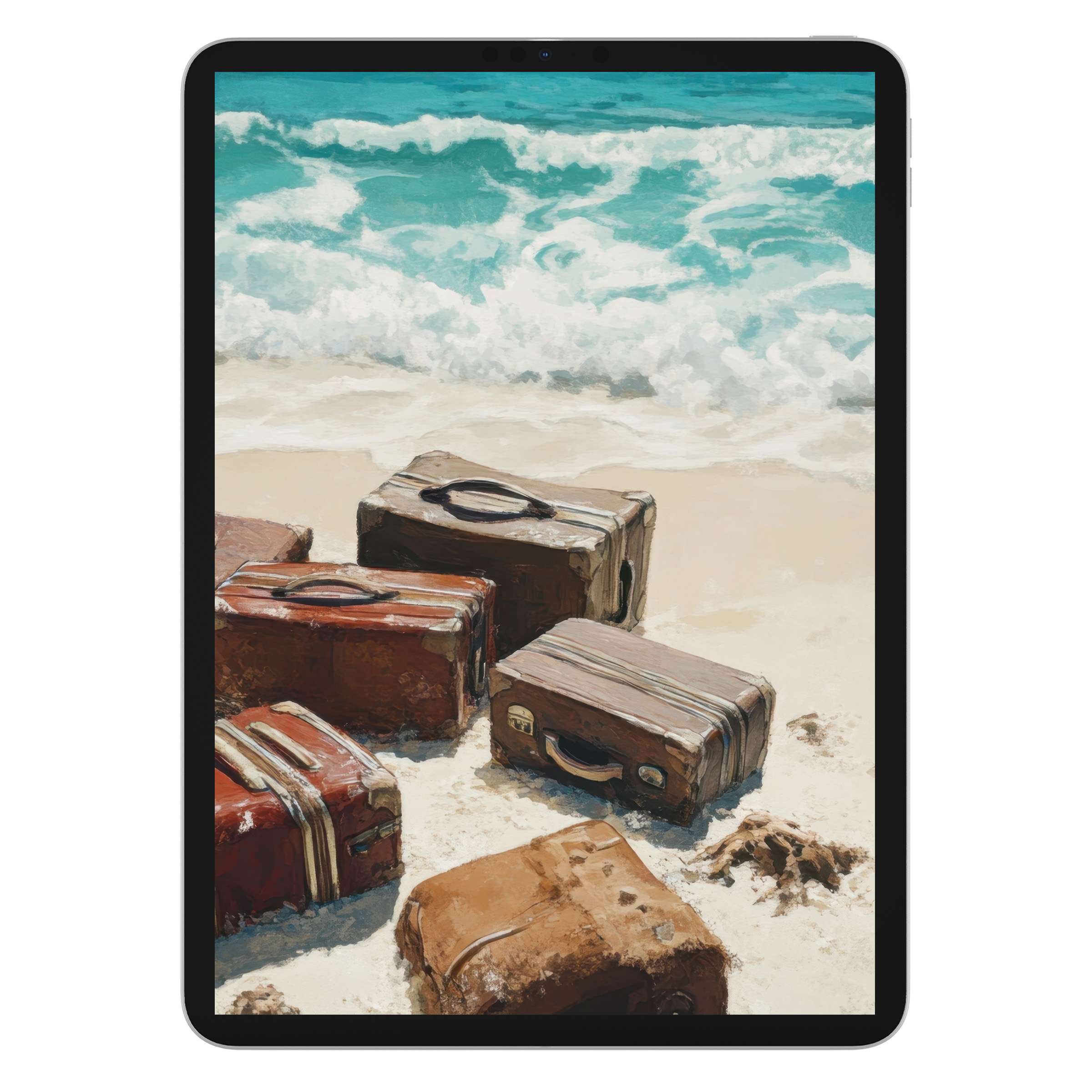 Street art iPad wallpaper featuring suitcases on a serene beach with azure waves, ideal digital download for tablet background use