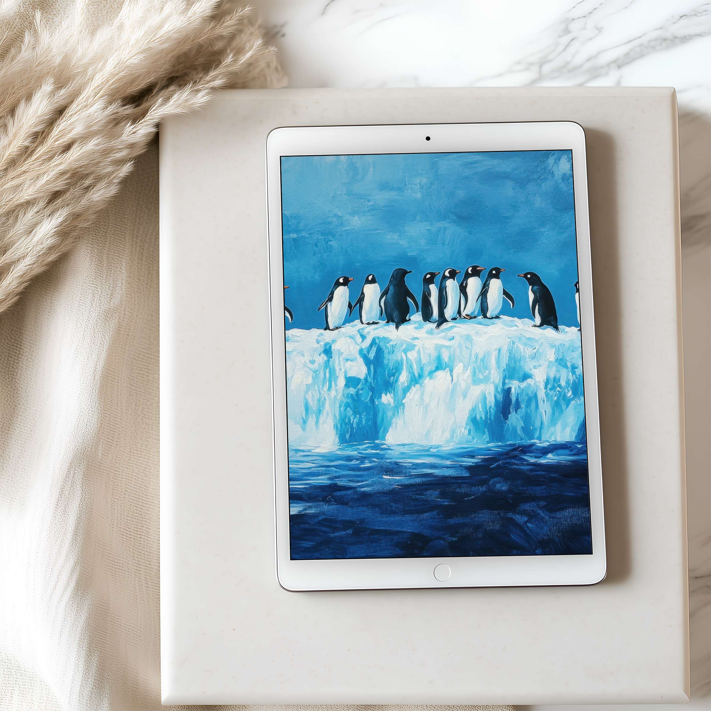 Elegant tablet wallpaper featuring a serene penguin scene on an iceberg offers high-resolution beauty for iPad and Android downloads