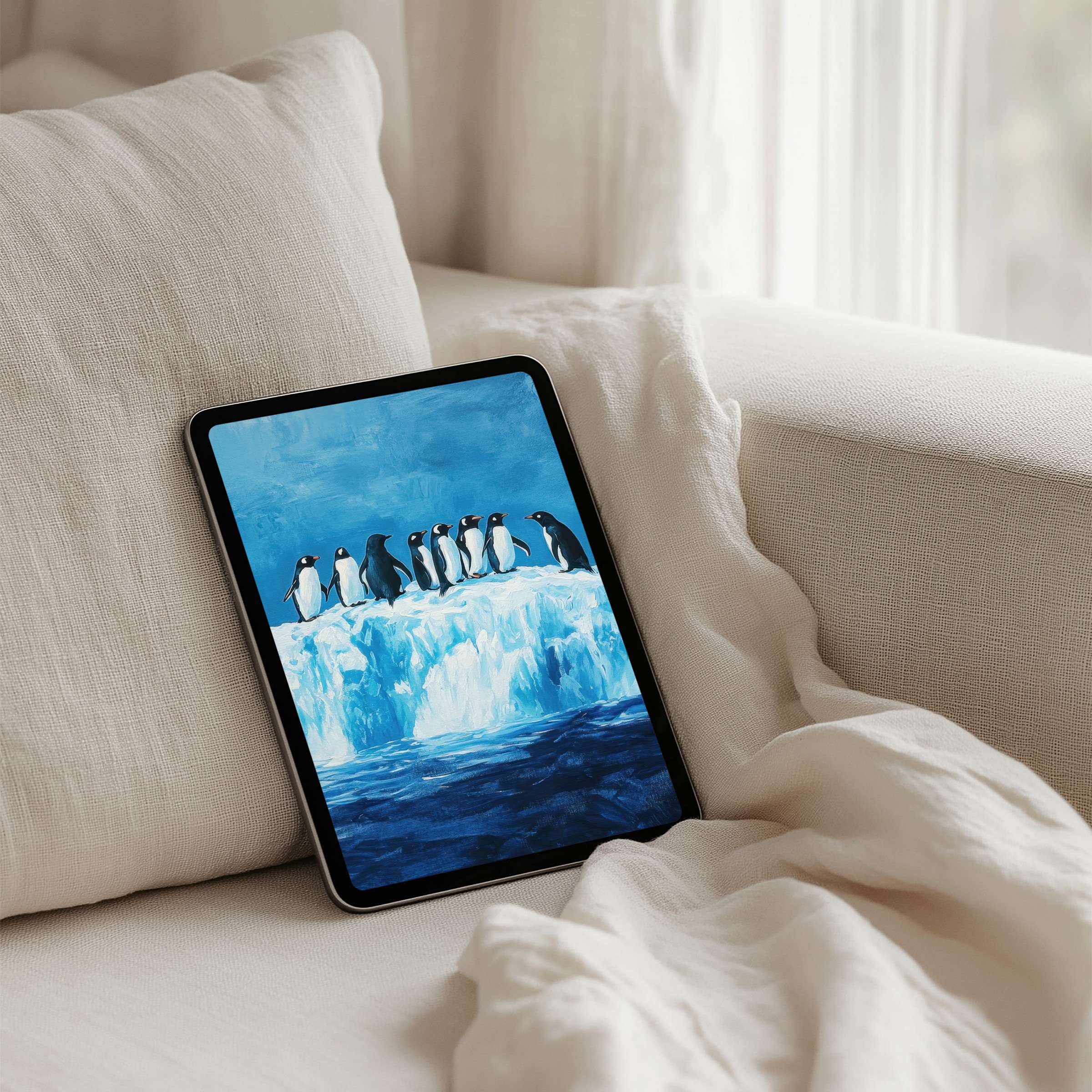 Elegant penguin art iPad background for instant download brings calm and inspiration to any tablet lover's space