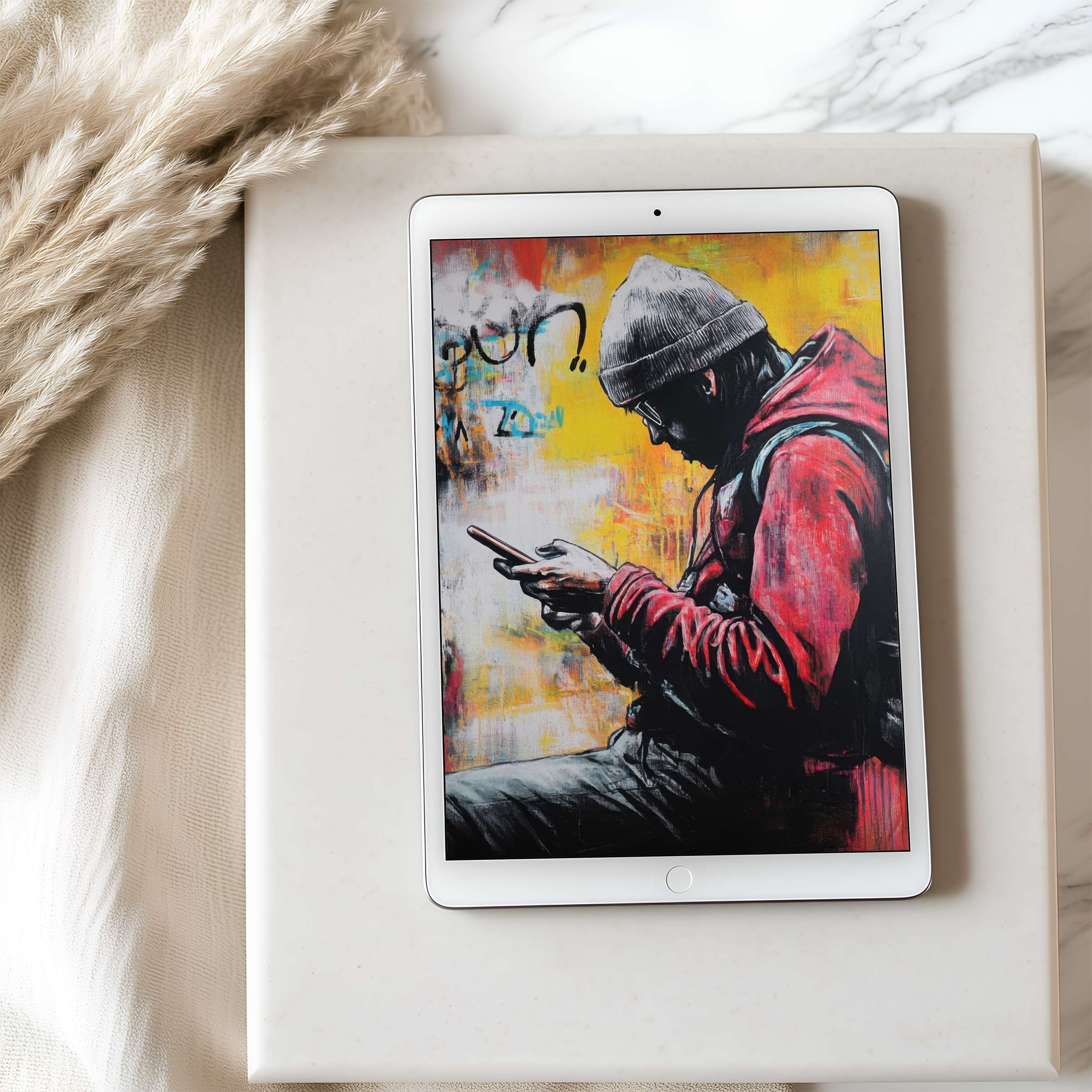 Vibrant tablet wallpaper featuring a contemplative figure in urban art style, perfect for iPad, digital download inspiring tranquility