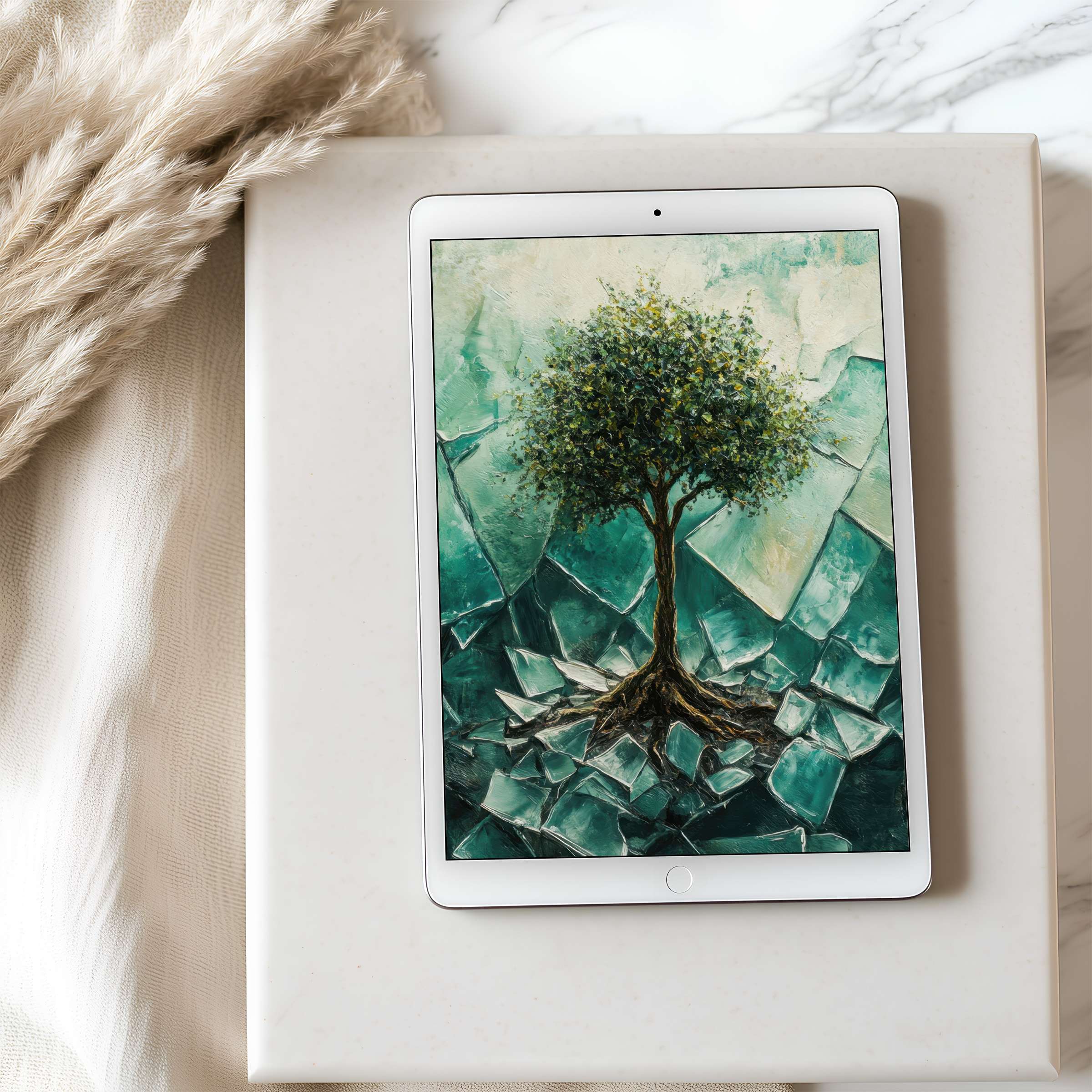 Luxurious tablet wallpaper featuring a serene tree on teal abstract background ideal for iPad or Android digital download enhancing tranquility